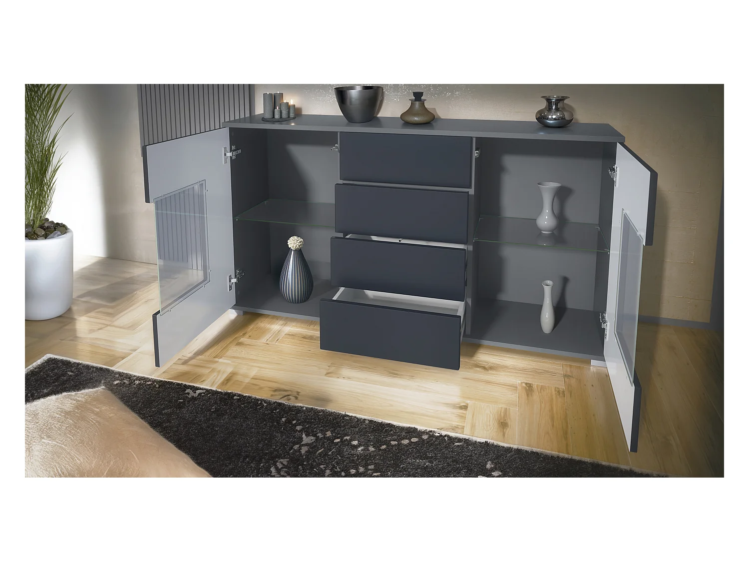 Buffet Grömitz V1 – Meuble avec 2 Grandes Portes et 4 Tiroirs, anthracite mat/gris haute brillance (138,5 x 75,5 x 35)