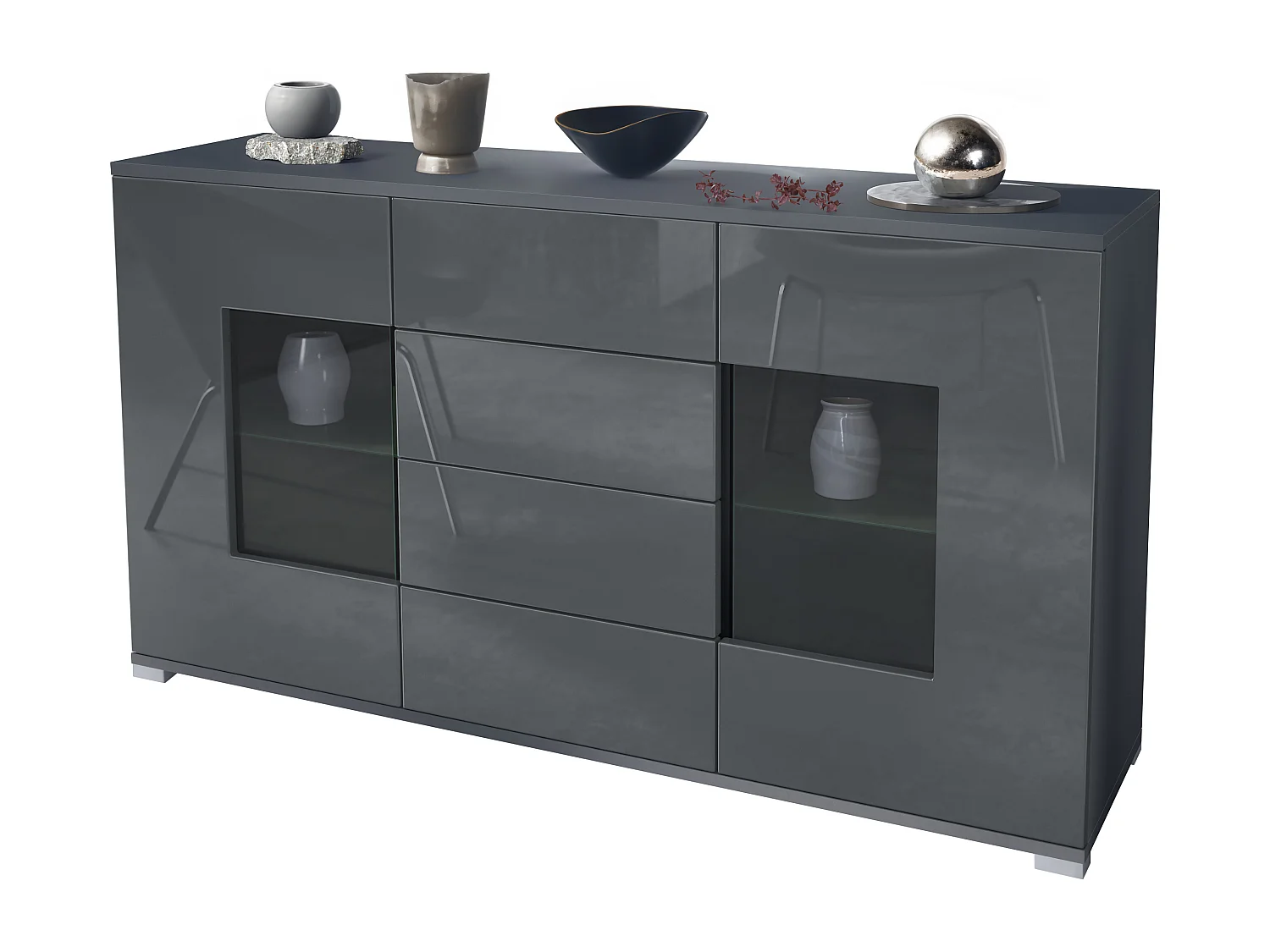 Buffet Grömitz V1 – Meuble avec 2 Grandes Portes et 4 Tiroirs, anthracite mat/gris haute brillance (138,5 x 75,5 x 35)