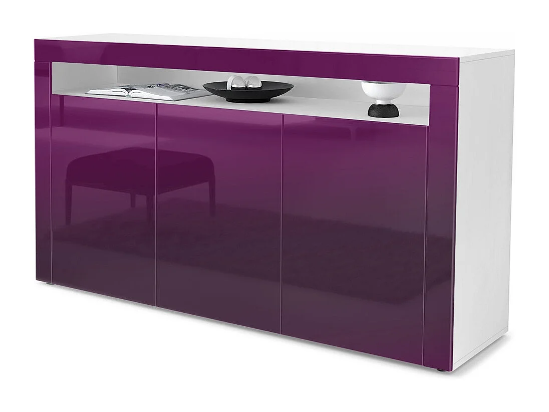 Buffet Valencia, Commode avec 3 portes et 1 compartiment ouvert, Blanc mat/mûre haute brillance/mûre haute brillance (155 x 92 x 40 cm)