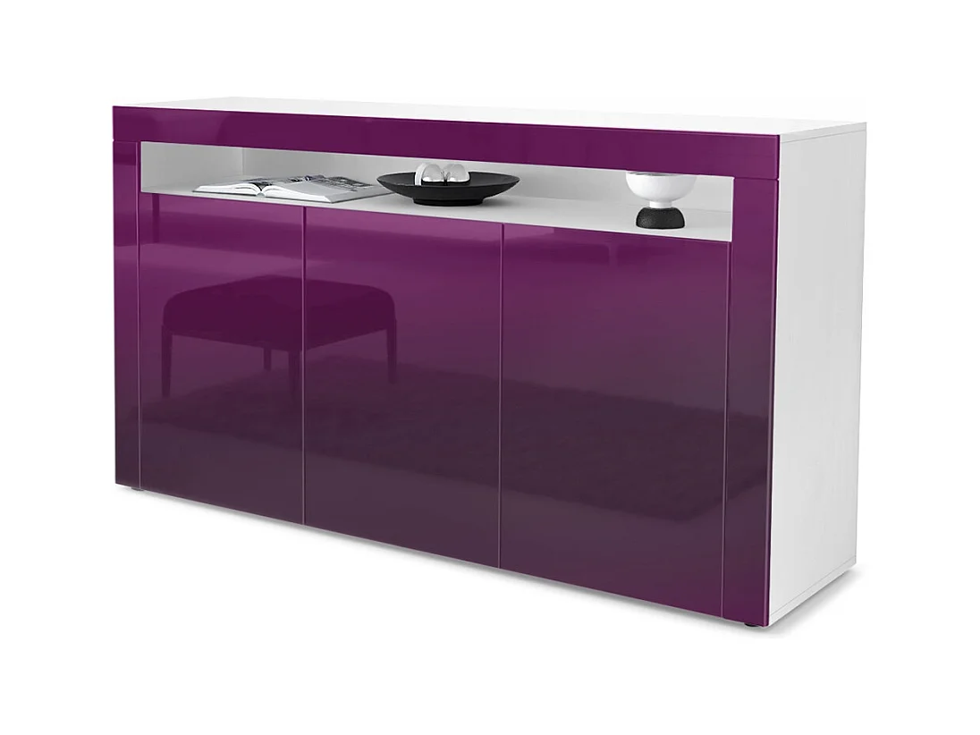 Buffet Valencia, Commode avec 3 portes et 1 compartiment ouvert, Blanc mat/mûre haute brillance/mûre haute brillance (155 x 92 x 40 cm)
