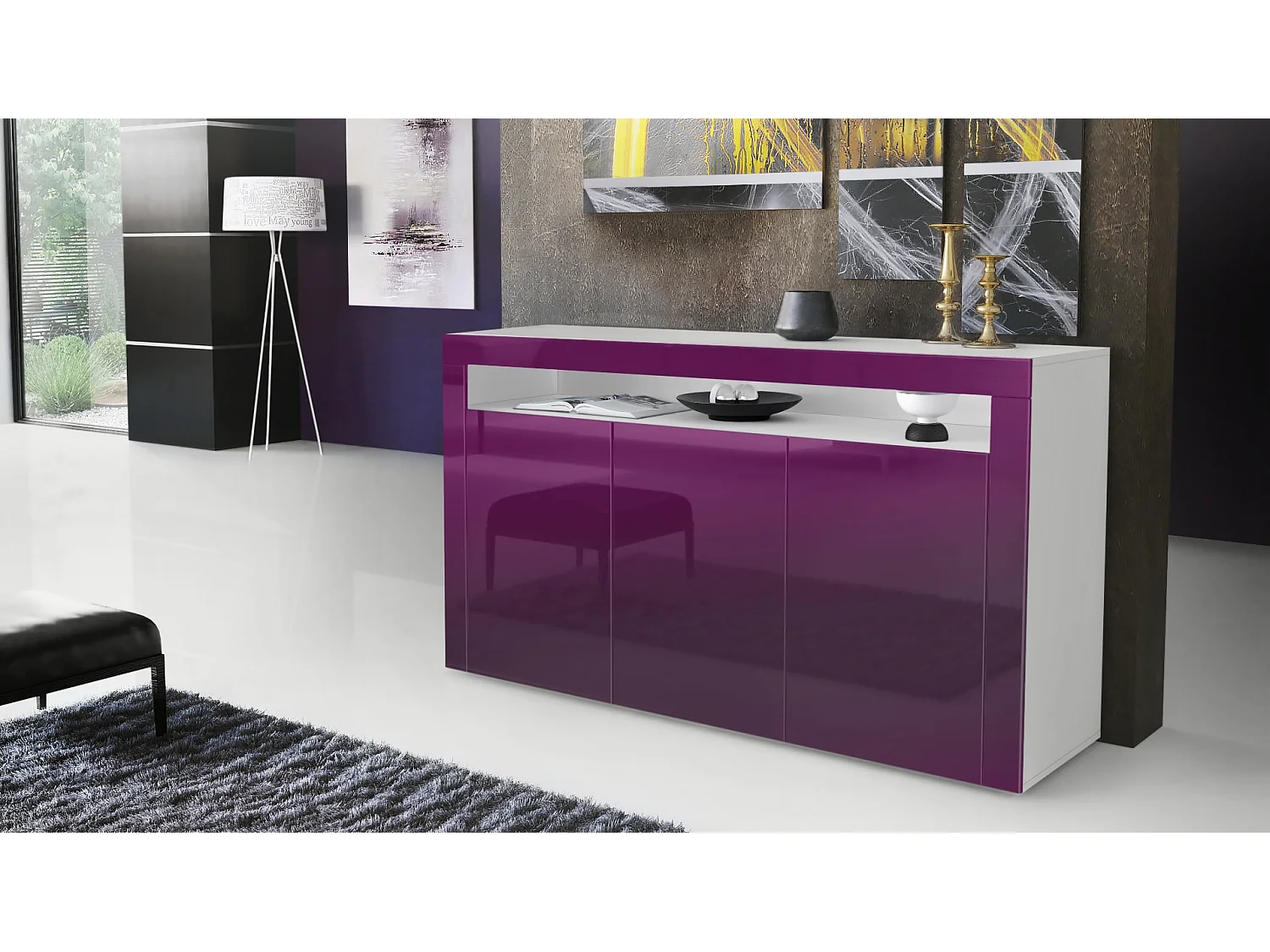 Madia  Valencia, mobile a 3 ante e 1 scomparto aperto, bianco opaco/violetto porpora lucido/violetto porpora lucido (155 x 92 x 40 cm)