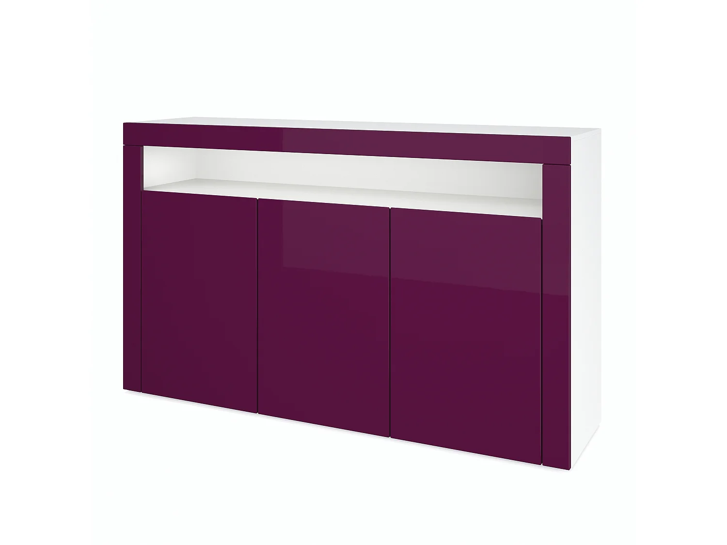 Buffet Valencia, Commode avec 3 portes et 1 compartiment ouvert, Blanc mat/mûre haute brillance/mûre haute brillance (155 x 92 x 40 cm)