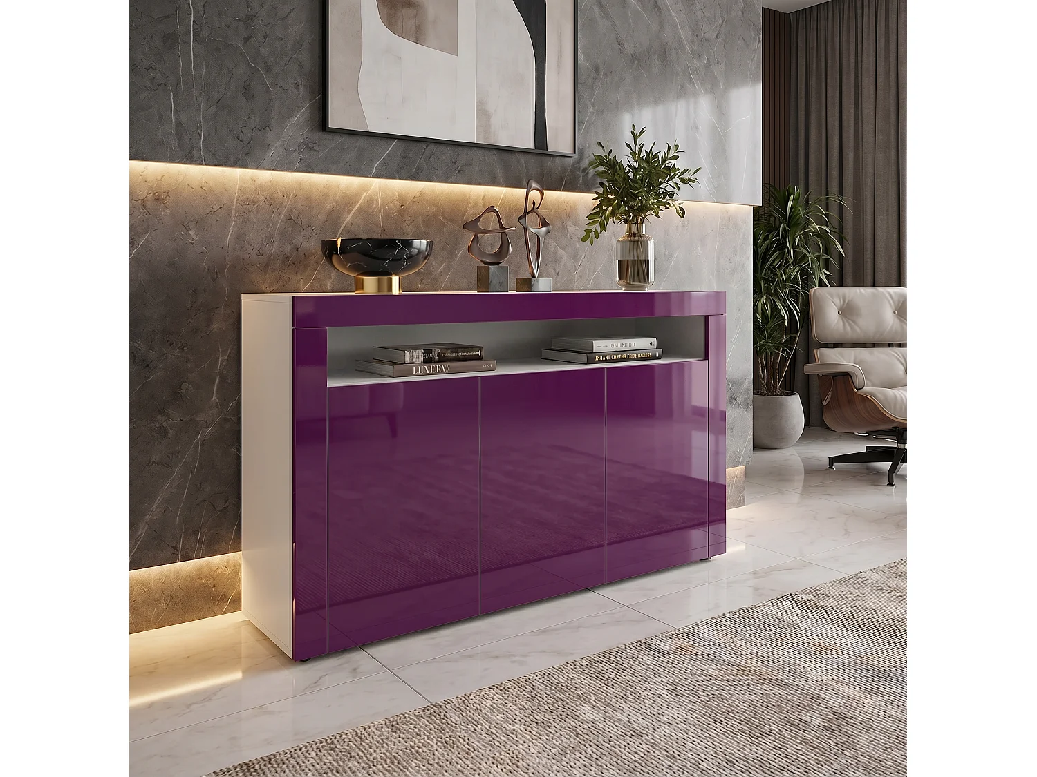 Buffet Valencia, Commode avec 3 portes et 1 compartiment ouvert, Blanc mat/mûre haute brillance/mûre haute brillance (155 x 92 x 40 cm)