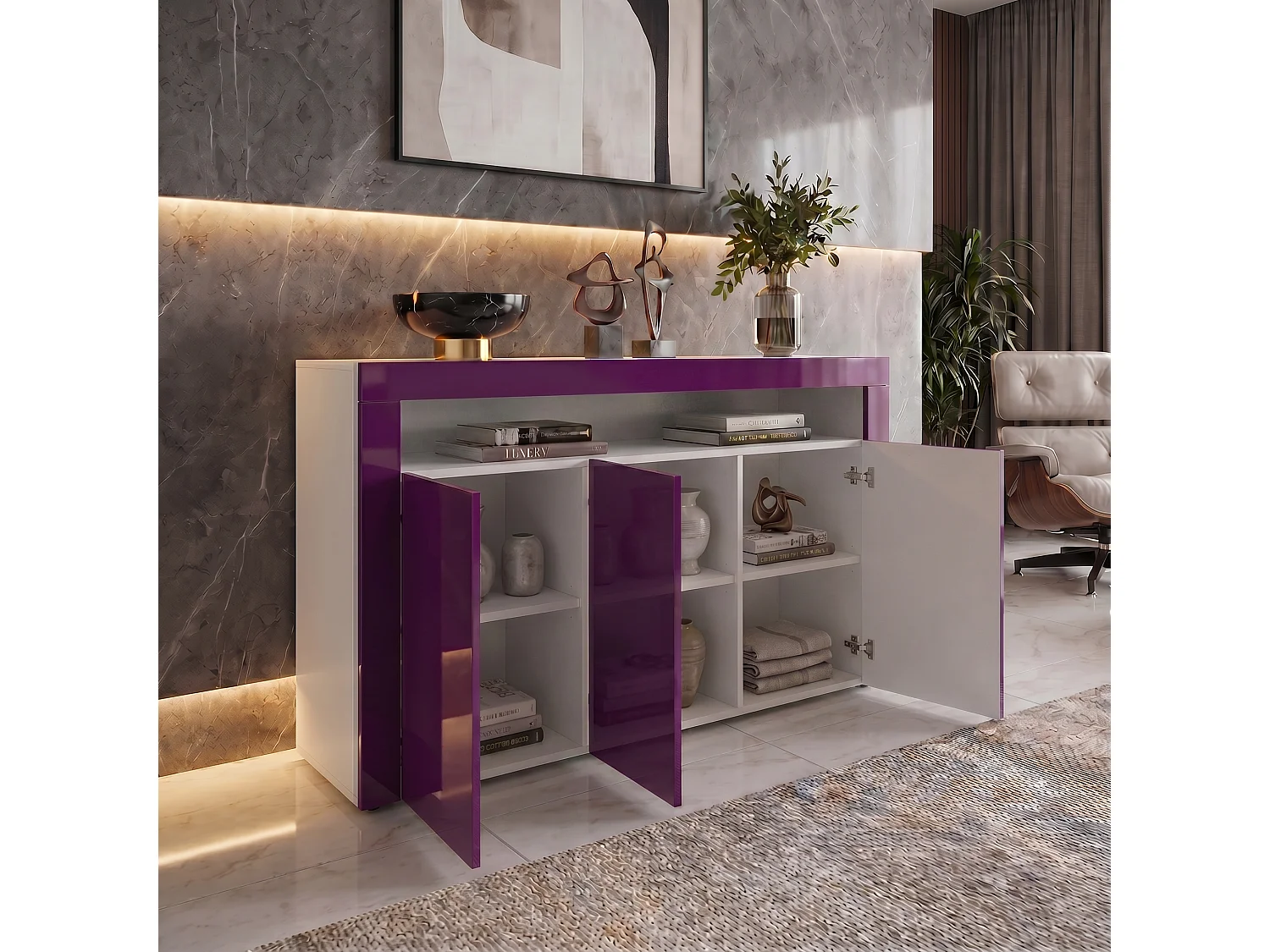 Buffet Valencia, Commode avec 3 portes et 1 compartiment ouvert, Blanc mat/mûre haute brillance/mûre haute brillance (155 x 92 x 40 cm)