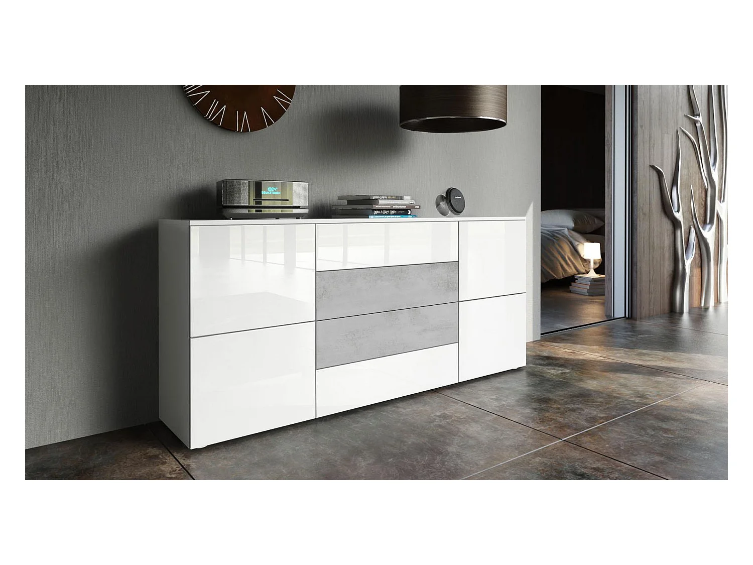 SIDEBOARD Rova Weiß Hochglanz / Beton Oxid Optik