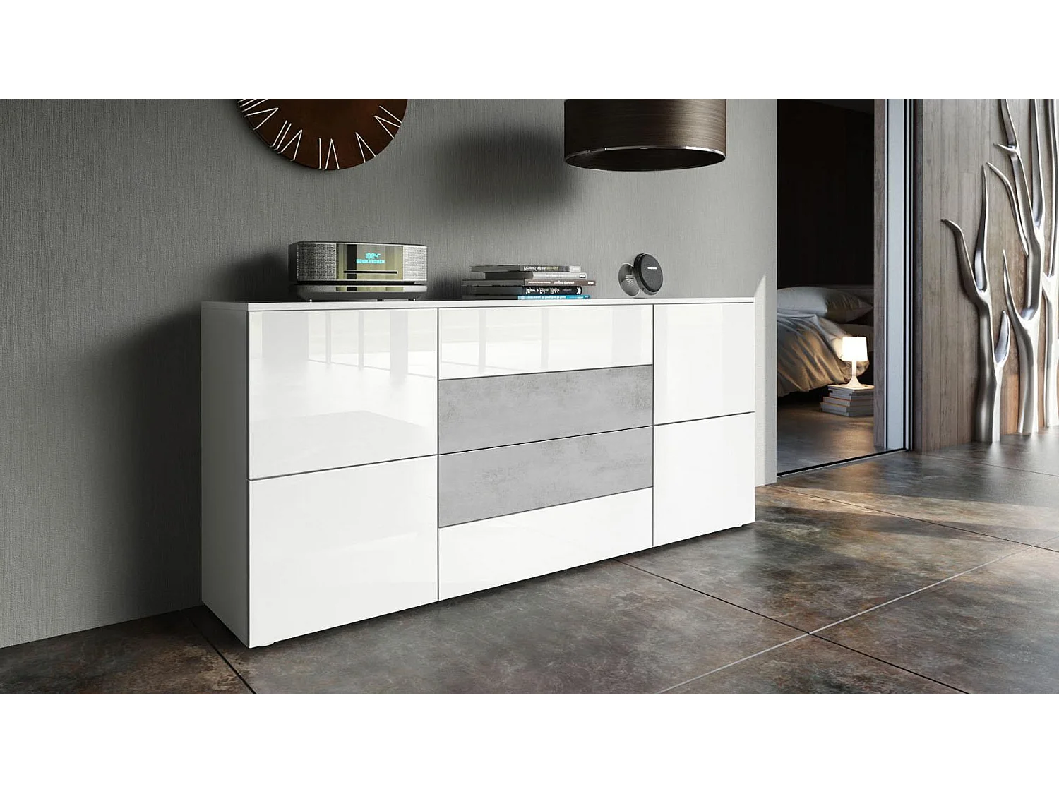 SIDEBOARD Rova Weiß Hochglanz / Beton Oxid Optik