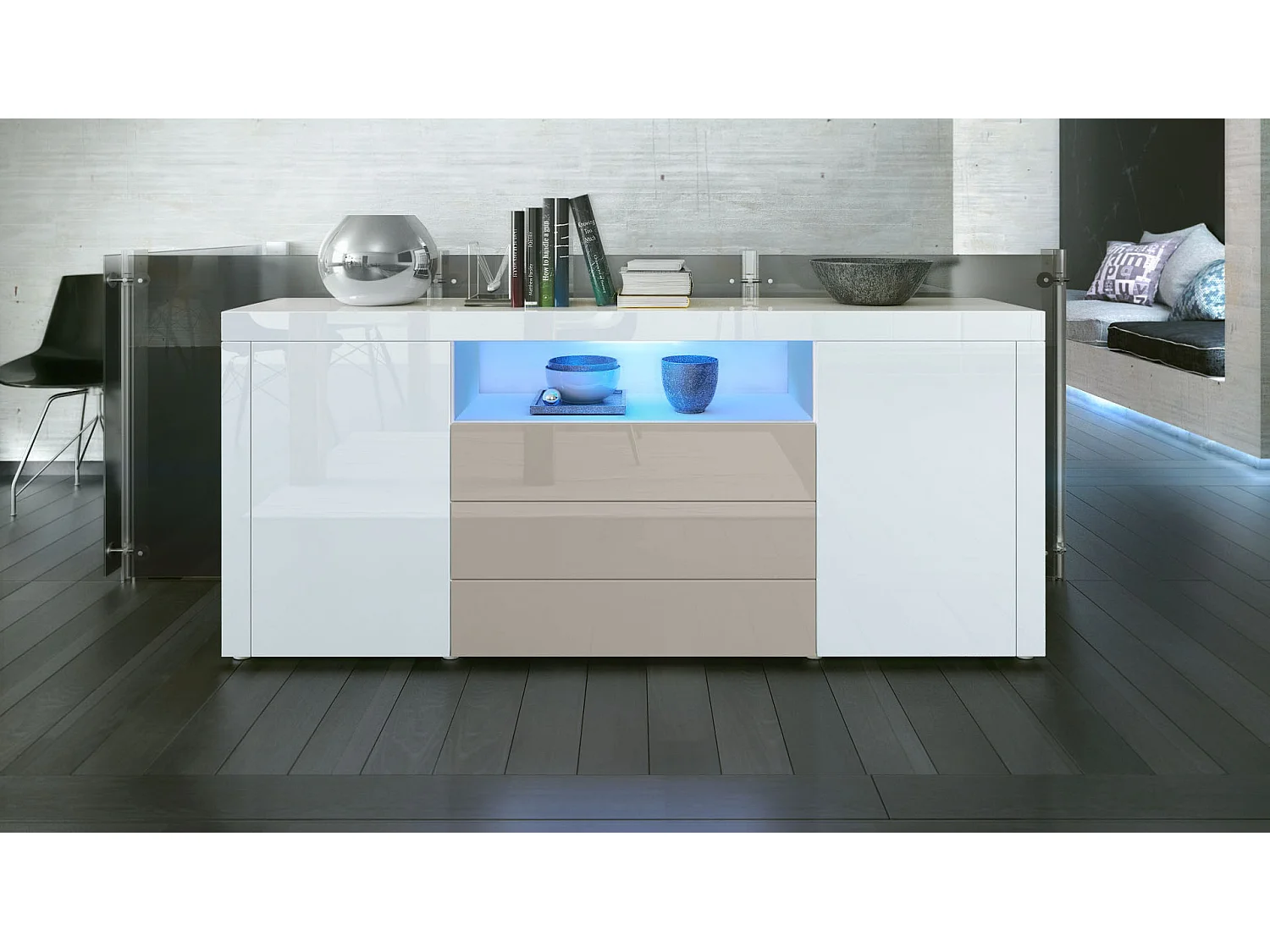 Vladon Sideboard Santiago, bianco lucido/grigio sabbia lucido - Modern chest of drawers for your living area - (WxHxD) 167 x 72 x 35 cm