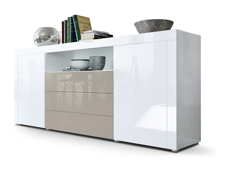 Vladon Sideboard Santiago, bianco lucido/grigio sabbia lucido - Modern chest of drawers for your living area - (WxHxD) 167 x 72 x 35 cm