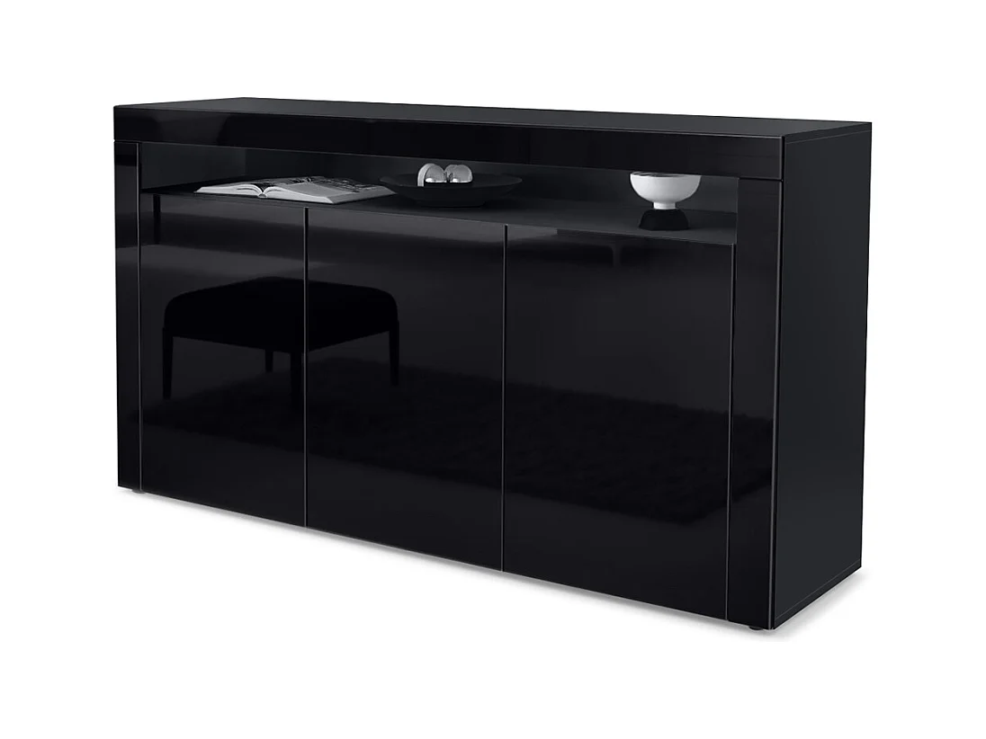 Buffet Valencia, Commode avec 3 portes et 1 compartiment ouvert, Noir mat/noir haute brillance/noir haute brillance (155 x 92 x 40 cm)