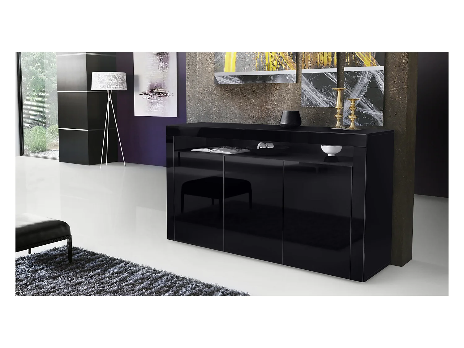 Buffet Valencia, Commode avec 3 portes et 1 compartiment ouvert, Noir mat/noir haute brillance/noir haute brillance (155 x 92 x 40 cm)