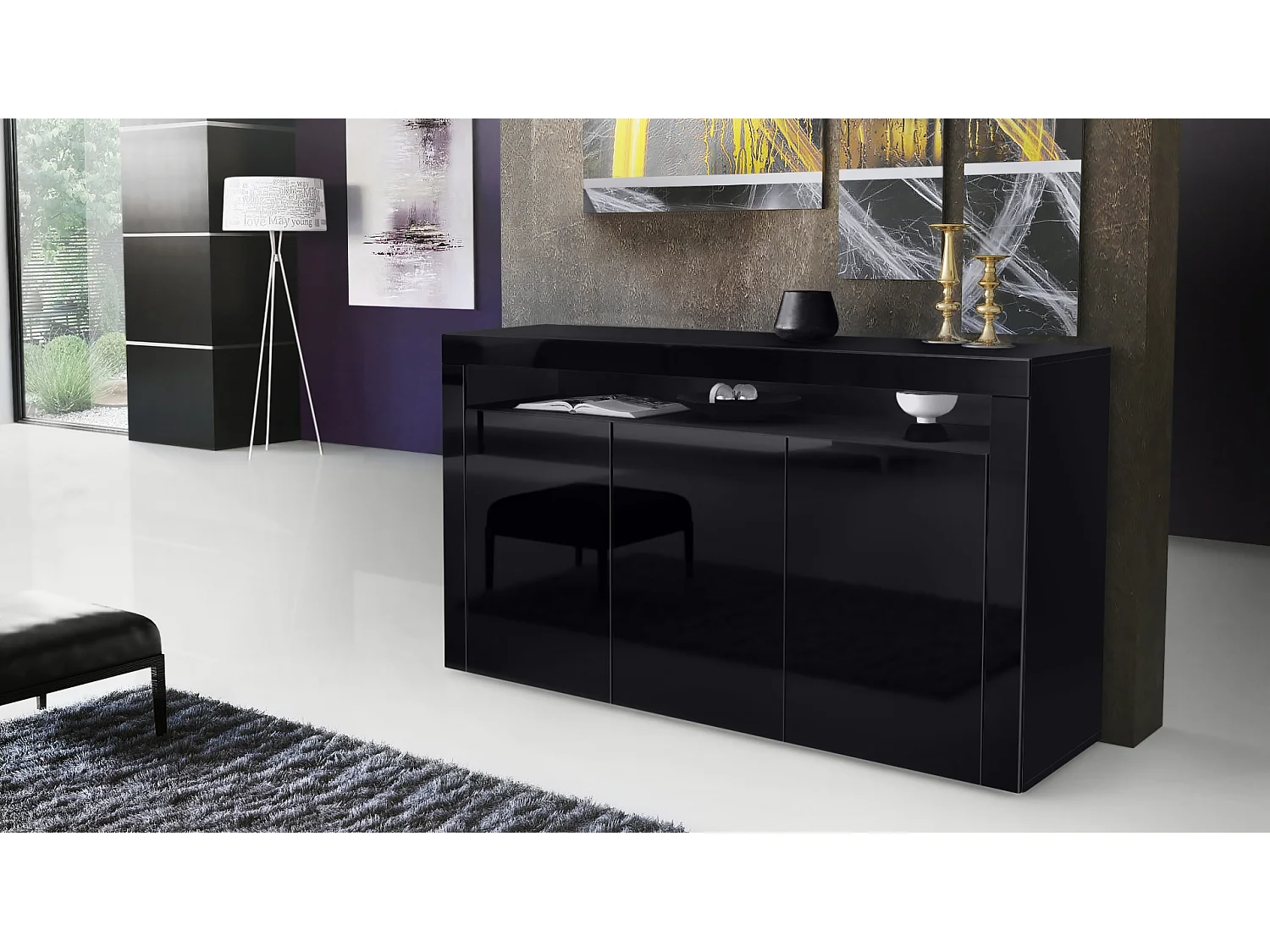 Vladon Cajonera Valencia, Cómoda con 3 Puertas y 1 Compartimento abierto, Negro mate/negro de alto brillo/negro de alto brillo (155 x 92 x 40 cm)