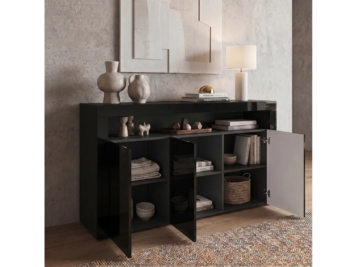 SIDEBOARD Valencia Schwarz Hochglanz / Schwarz Hochglanz