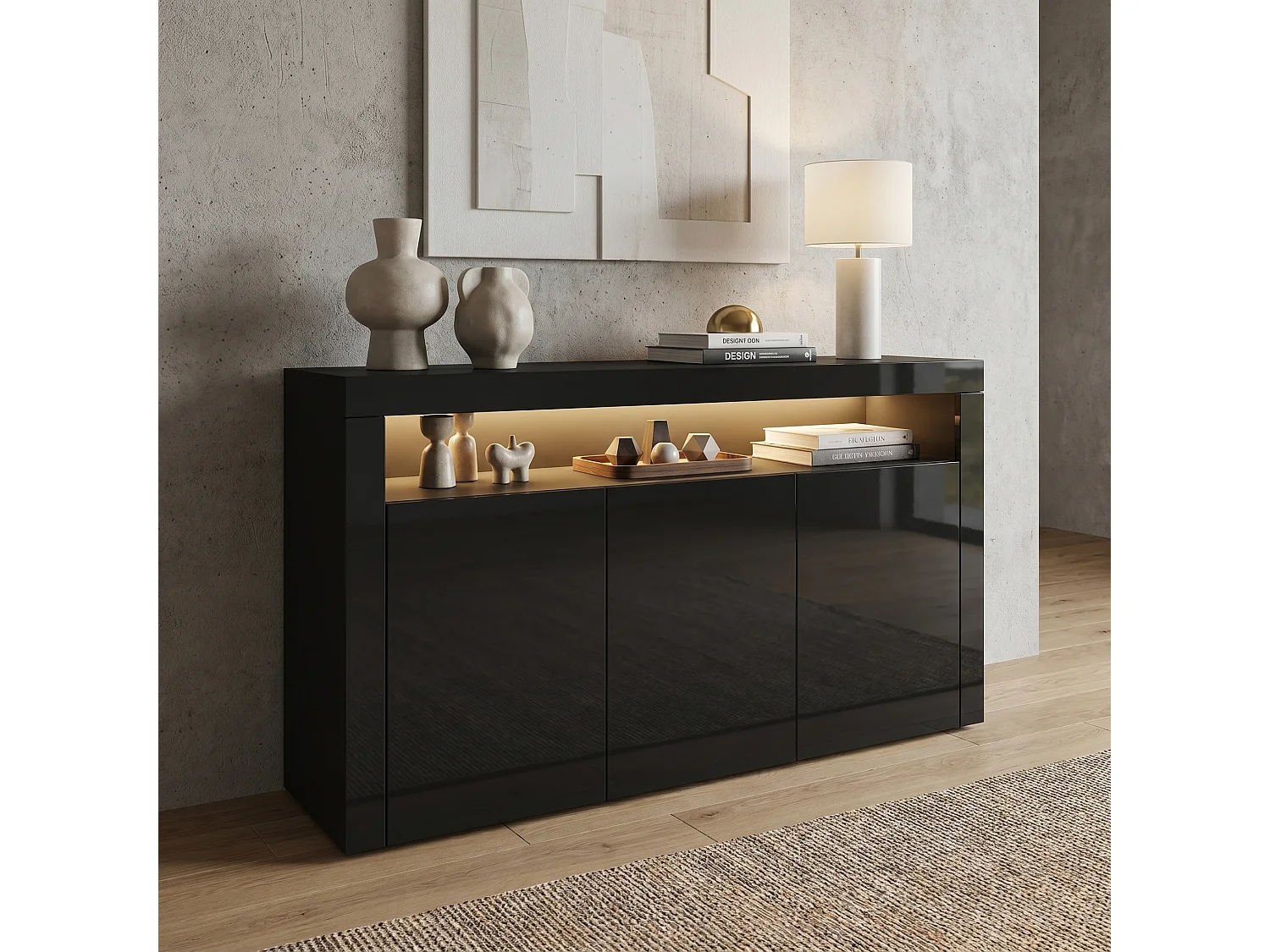 SIDEBOARD Valencia Schwarz Hochglanz / Schwarz Hochglanz