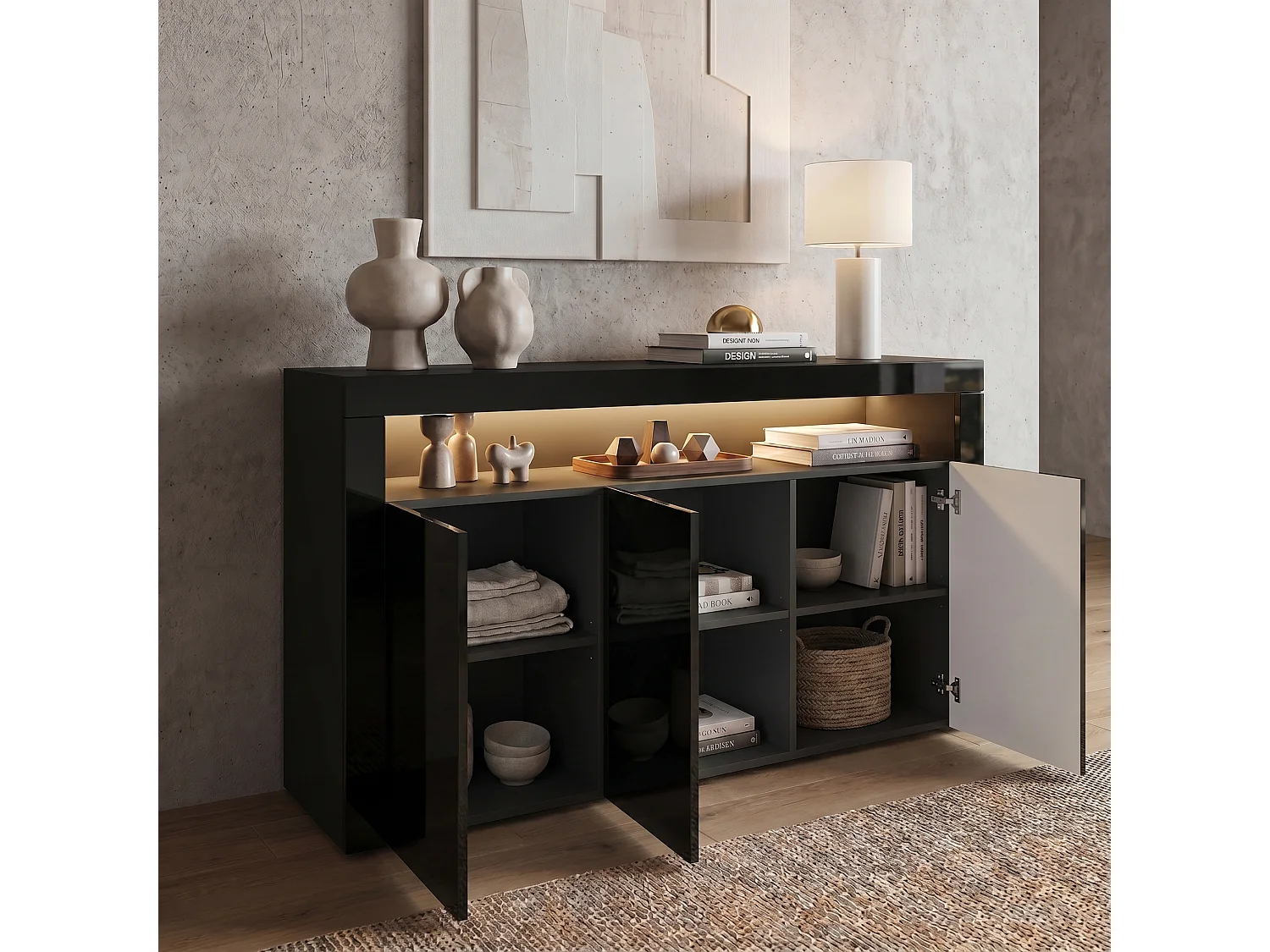 SIDEBOARD Valencia Schwarz Hochglanz / Schwarz Hochglanz