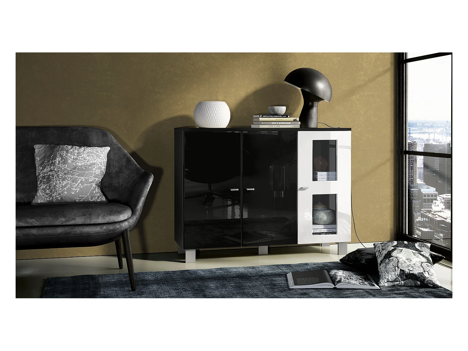 Buffet Denjo, Commode avec 3 portes, Noir mat/Blanc haute brillance, éclairage LED inclus (107 x 81 x 35 cm)