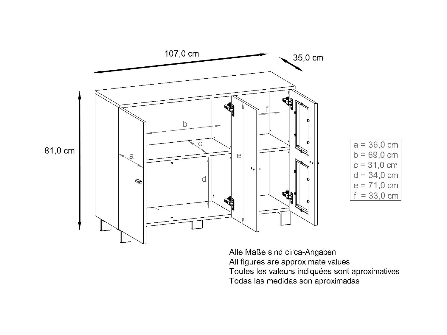Buffet Denjo, Commode avec 3 portes, Noir mat/Blanc haute brillance, éclairage LED inclus (107 x 81 x 35 cm)