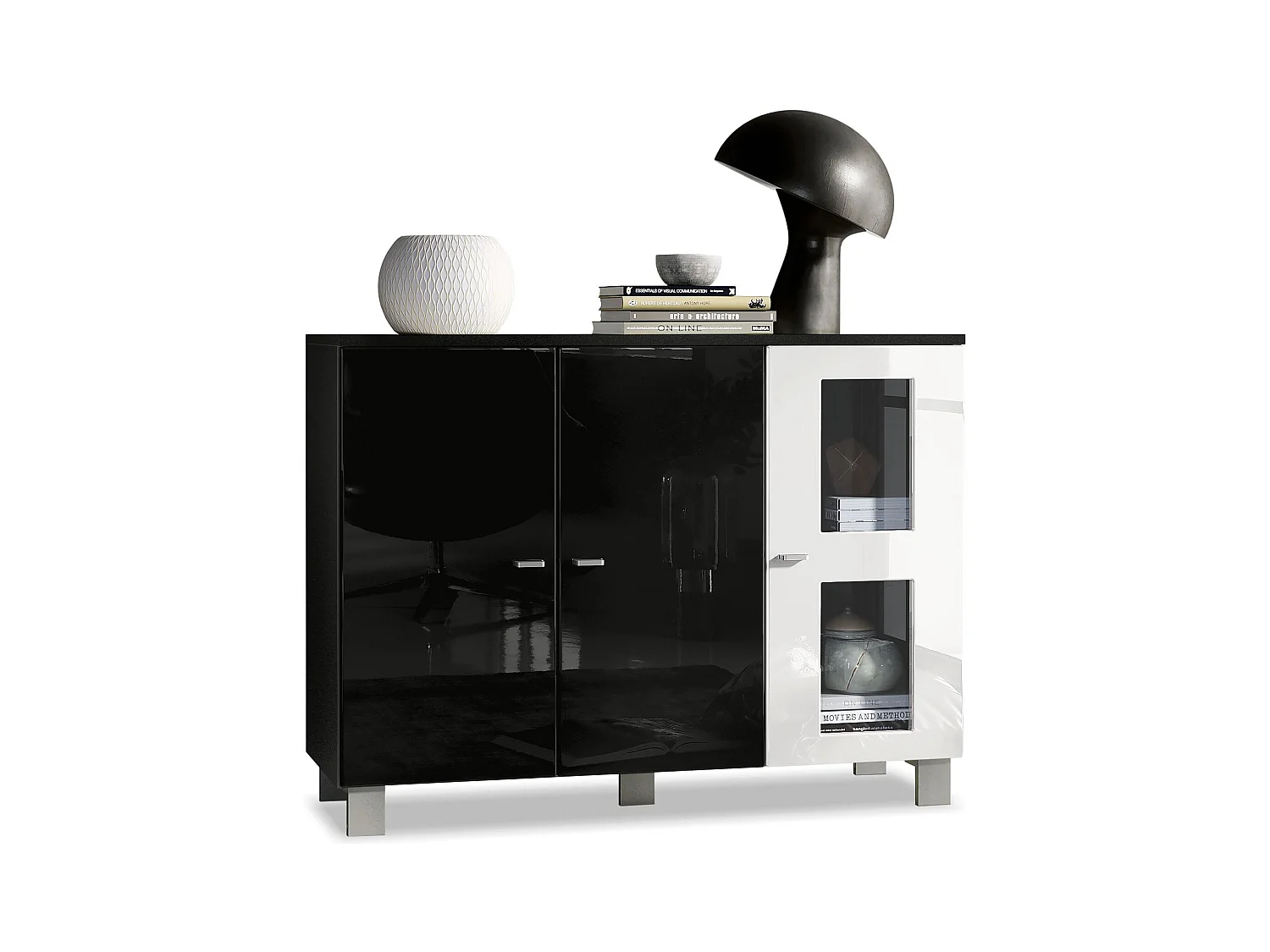 Buffet Denjo, Commode avec 3 portes, Noir mat/Blanc haute brillance, éclairage LED inclus (107 x 81 x 35 cm)