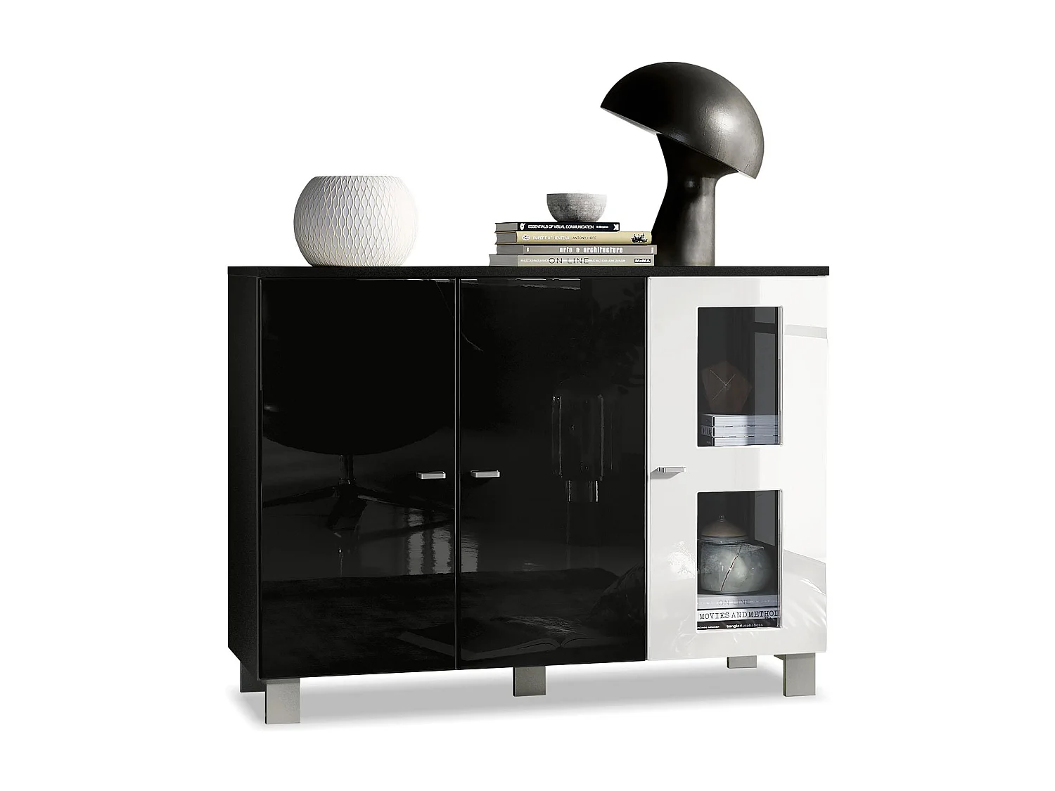 Credenza  Denjo, mobile a 3 ante, nero opaco/bianco lucido (107 x 81 x 35 cm)