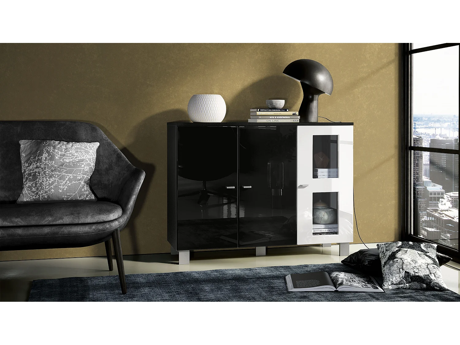 Credenza  Denjo, mobile a 3 ante, nero opaco/bianco lucido (107 x 81 x 35 cm)