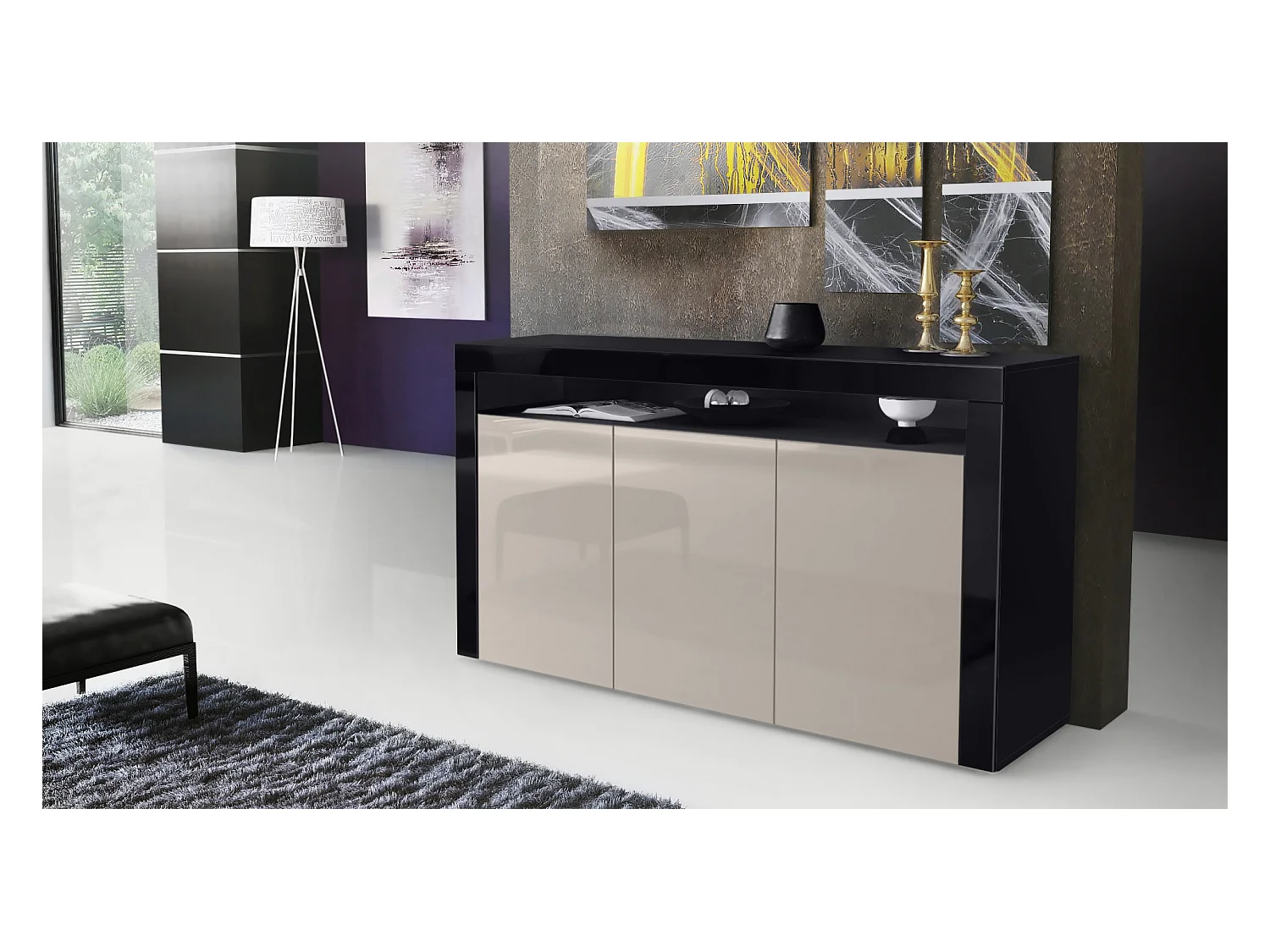 Buffet Valencia, Commode avec 3 portes et 1 compartiment ouvert, Noir mat/gris sable haute brillance/noir haute brillance (155 x 92 x 40 cm)