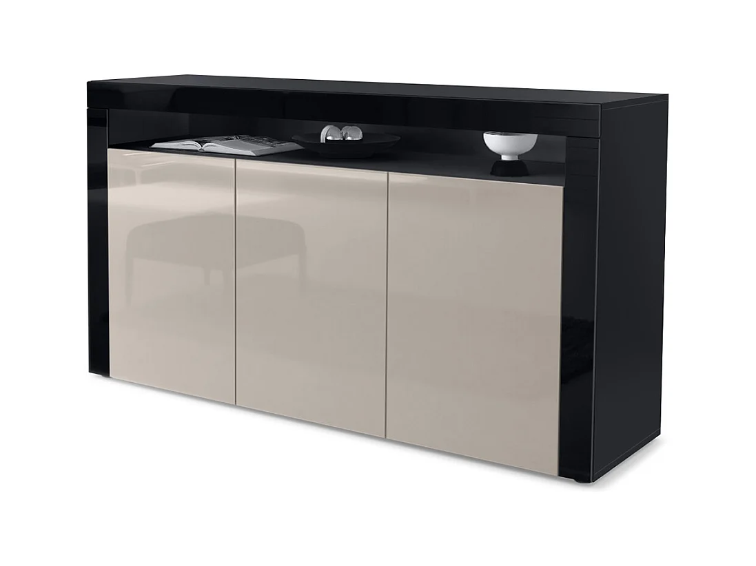 Buffet Valencia, Commode avec 3 portes et 1 compartiment ouvert, Noir mat/gris sable haute brillance/noir haute brillance (155 x 92 x 40 cm)