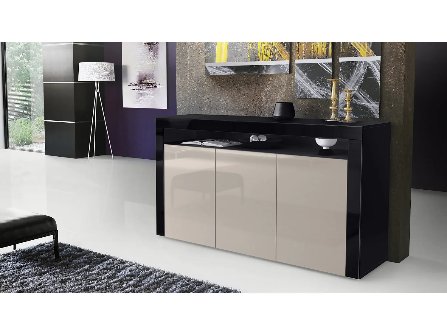 Madia  Valencia, mobile a 3 ante e 1 scomparto aperto, nero opaco/grigio sabbia lucido/nero lucido (155 x 92 x 40 cm)