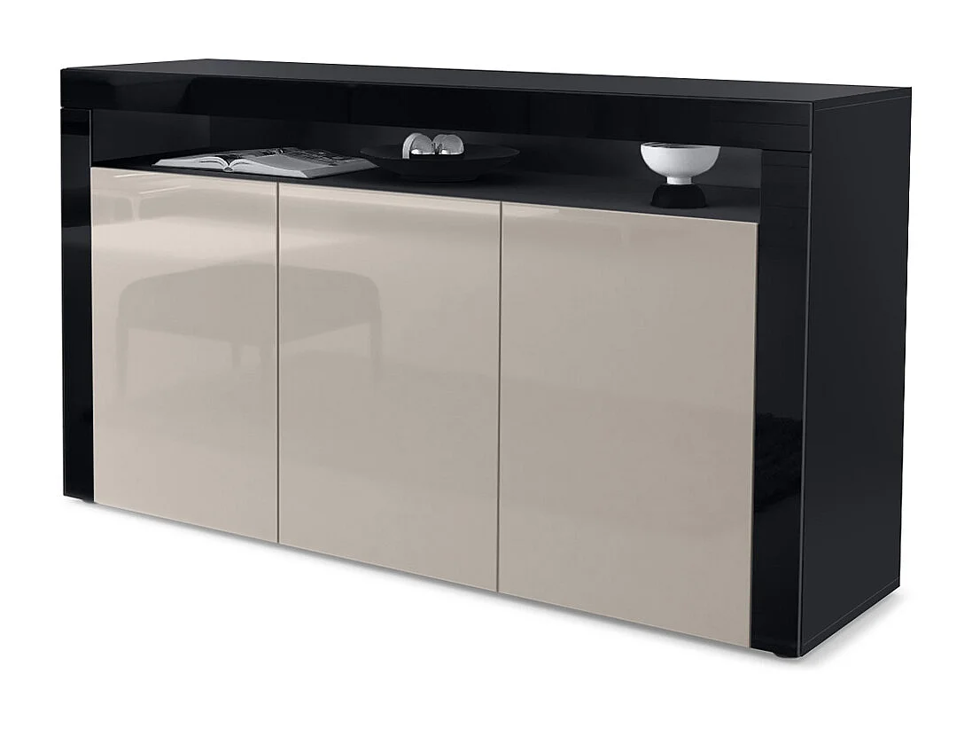 Vladon Cajonera Valencia, Cómoda con 3 Puertas y 1 Compartimento abierto, Negro mate/gris arena de alto brillo/negro de alto brillo (155 x 92 x 40 cm)