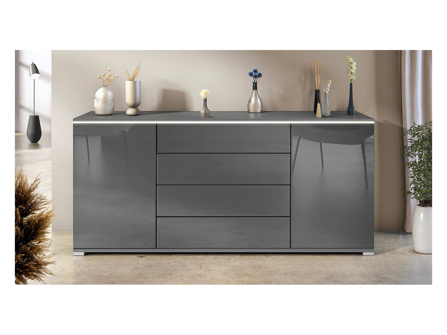 Buffet Faro V2 – Meuble avec 2 Portes & 4 Tiroirs, Armoire avec Bande LED Lumineuse, anthracite mat / gris haute brillance (166,5 x 75,5 x 35)