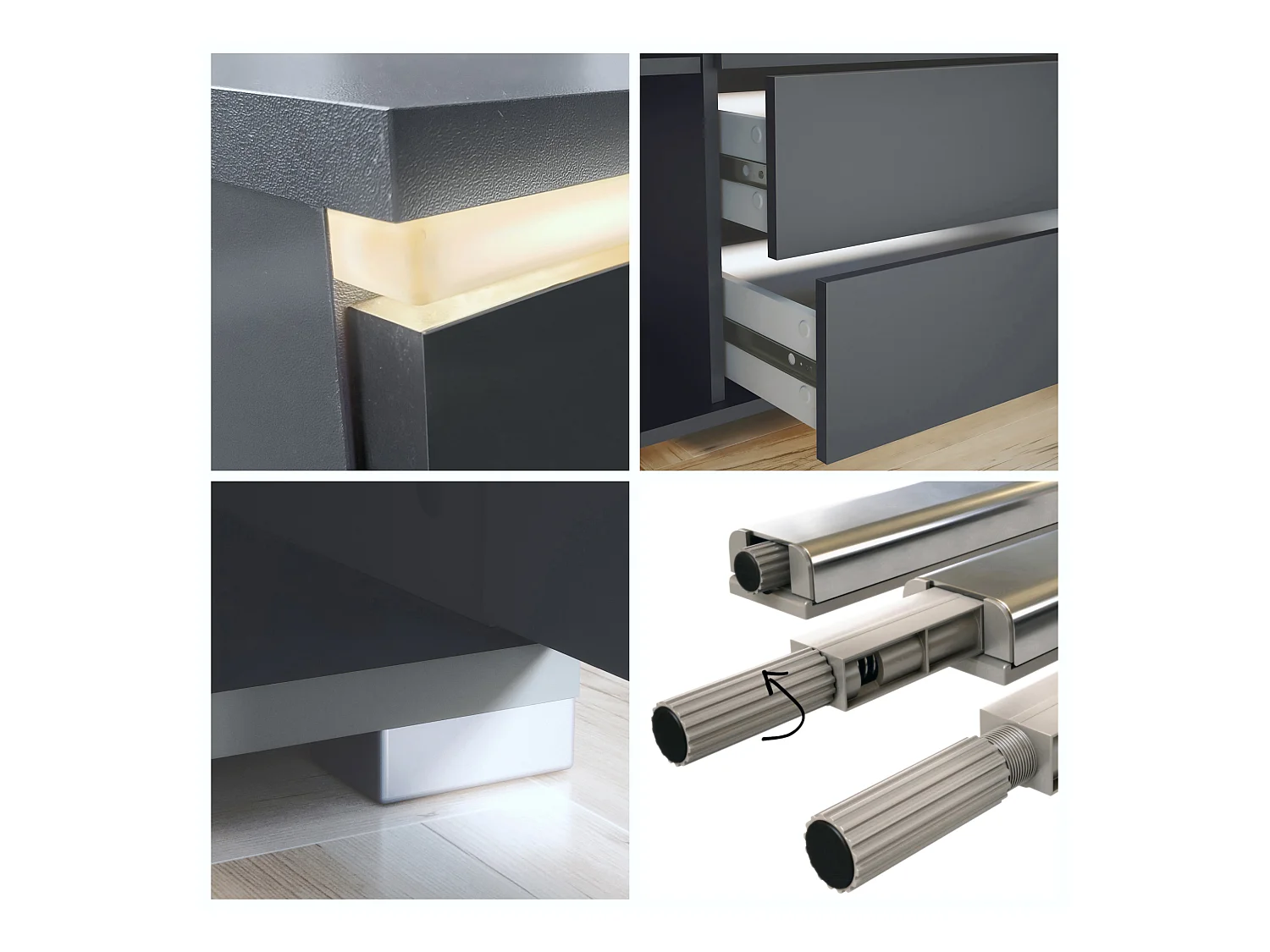 Buffet Faro V2 – Meuble avec 2 Portes & 4 Tiroirs, Armoire avec Bande LED Lumineuse, anthracite mat / gris haute brillance (166,5 x 75,5 x 35)