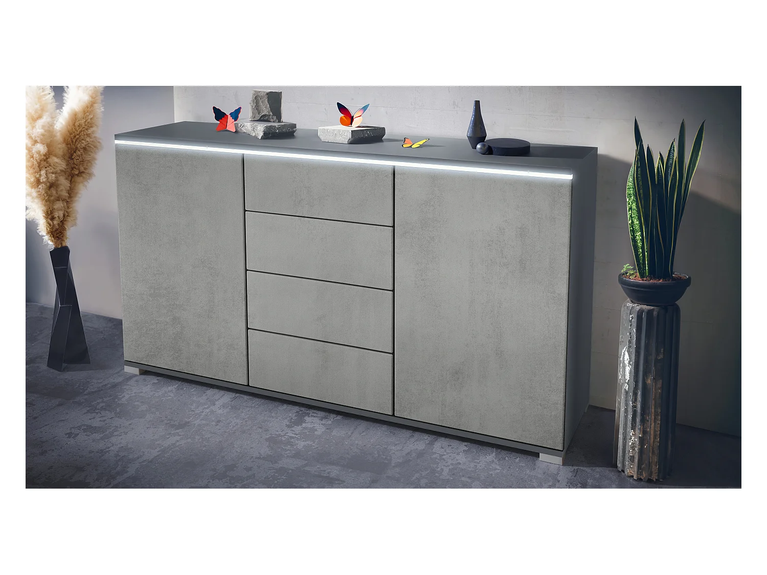 Aparador Faro V1 – Mueble con 2 Puertas y 4 Cajones, Armario con Tira de Luz LED, antracita mate / hormigón oxidado (138,5 x 75,5 x 35)