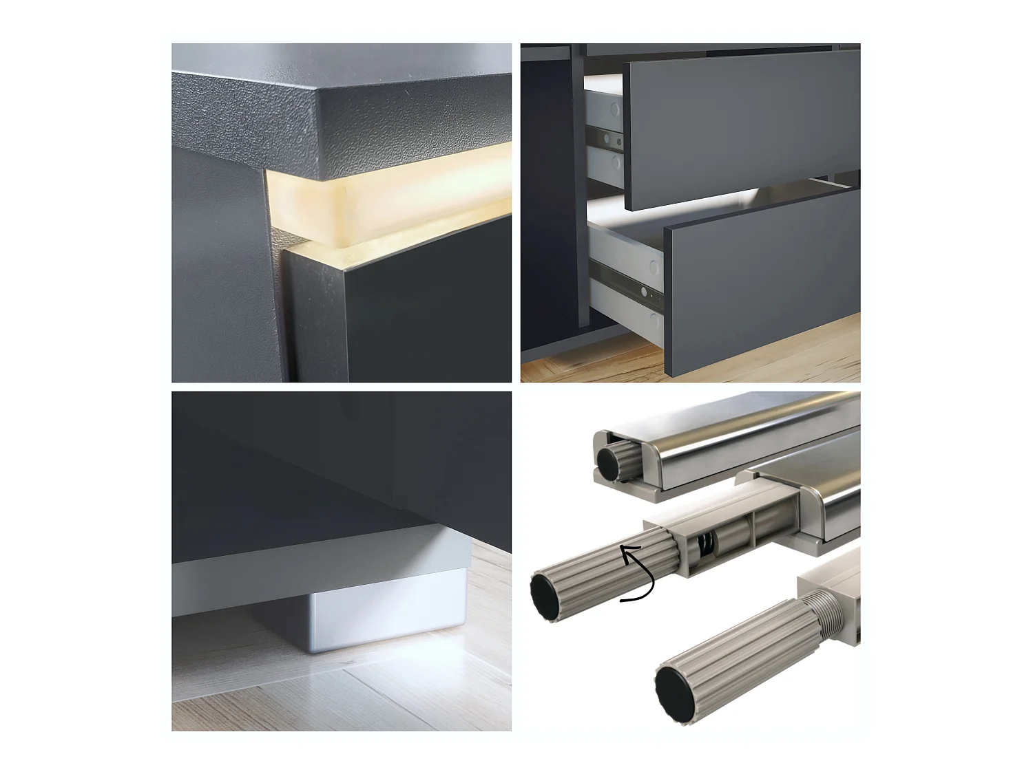 Aparador Faro V1 – Mueble con 2 Puertas y 4 Cajones, Armario con Tira de Luz LED, antracita mate / hormigón oxidado (138,5 x 75,5 x 35)