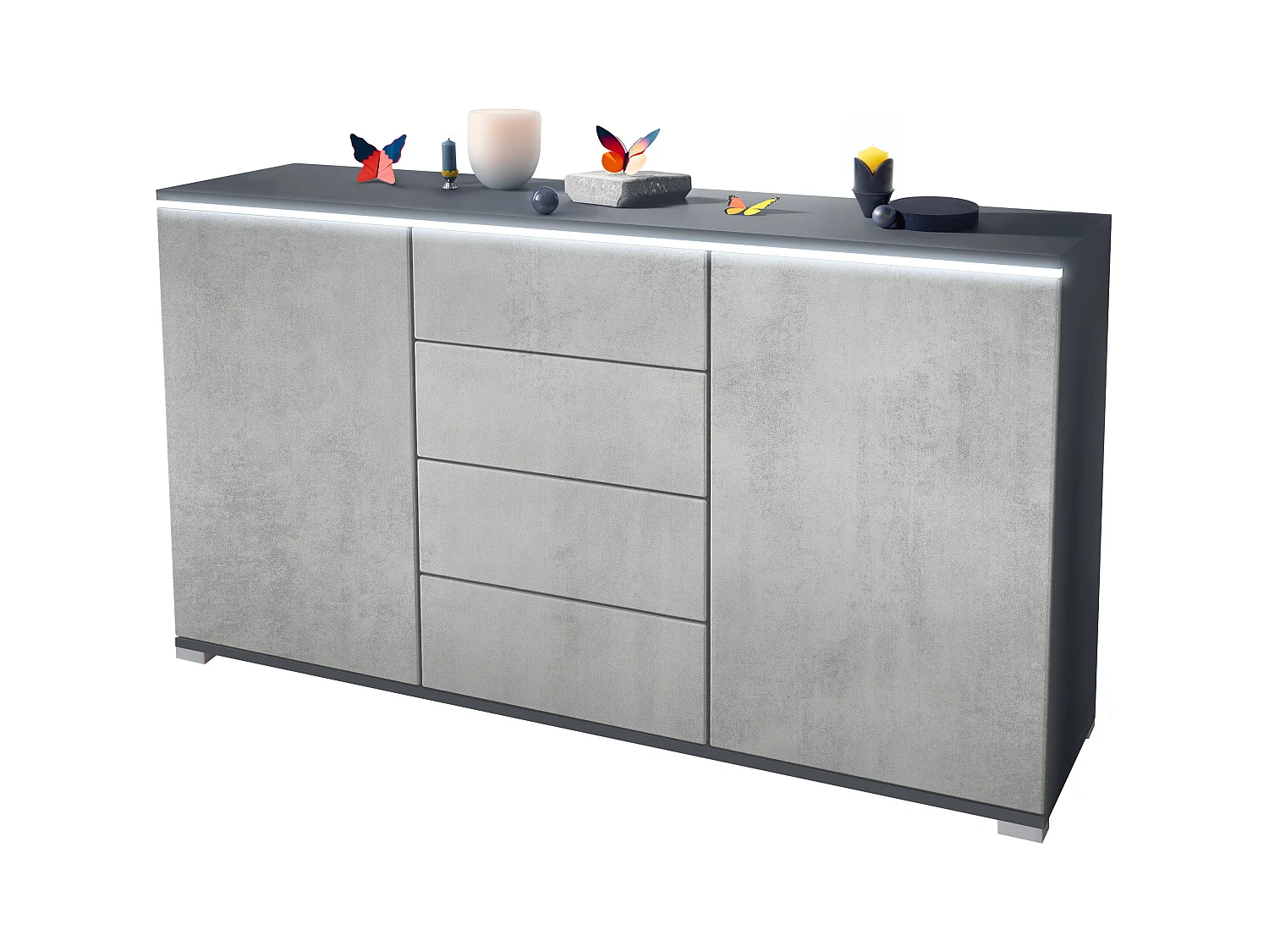 Buffet Faro V1 – Meuble avec 2 Portes & 4 Tiroirs, Armoire avec Bande LED Lumineuse, anthracite mat / aspect béton oxyde (138,5 x 75,5 x 35)