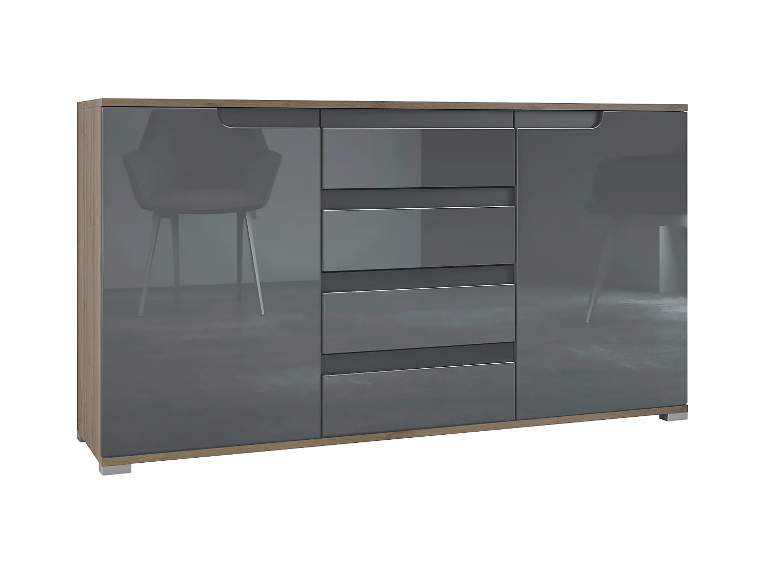 Buffet Dressoir Sylt, Corps en Noir mat / Façades en gris haute brillance avec un decor en anthracite mat (139 x 72 x 35)