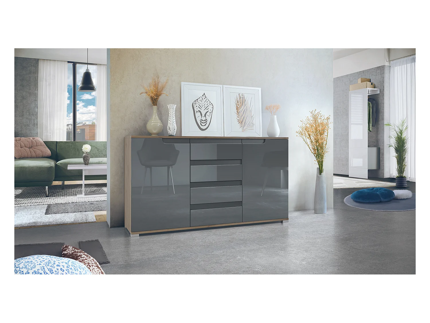 Buffet Dressoir Sylt, Corps en Noir mat / Façades en gris haute brillance avec un decor en anthracite mat (139 x 72 x 35)