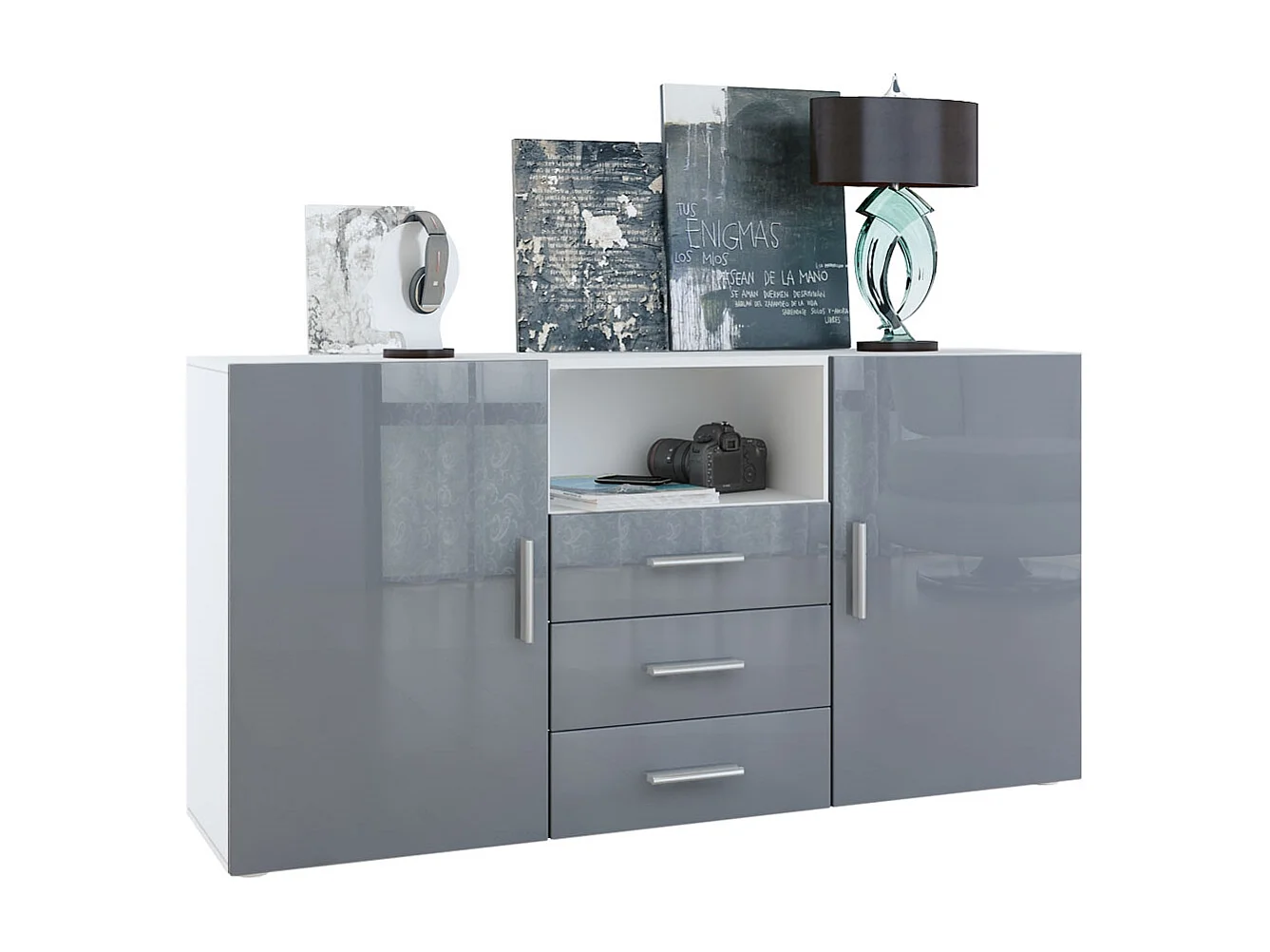 Buffet Skadu, Commode avec 2 portes, 3 tiroirs et 1 compartiment ouvert, blanc mat/gris haute brillance (138,5 x 71,5 x 35 cm)