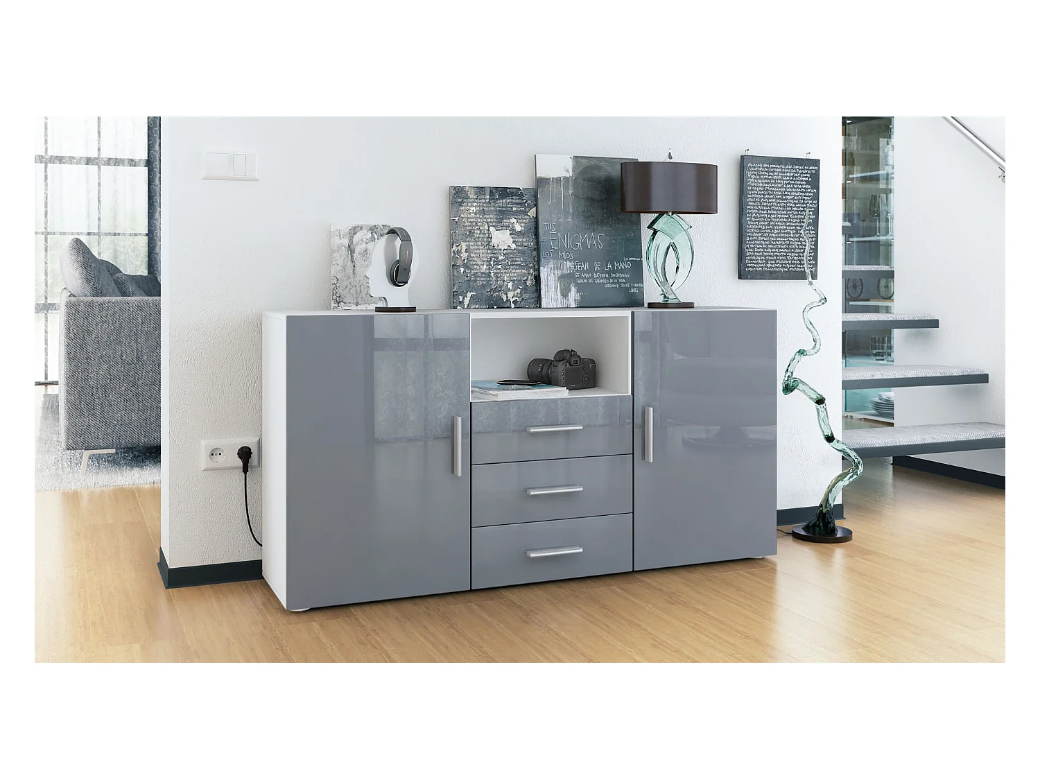Buffet Skadu, Commode avec 2 portes, 3 tiroirs et 1 compartiment ouvert, blanc mat/gris haute brillance (138,5 x 71,5 x 35 cm)