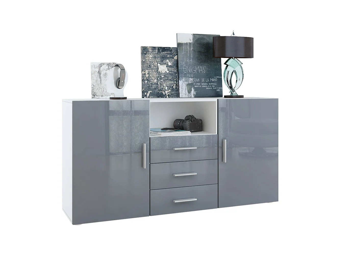 Buffet Skadu, Commode avec 2 portes, 3 tiroirs et 1 compartiment ouvert, blanc mat/gris haute brillance (138,5 x 71,5 x 35 cm)