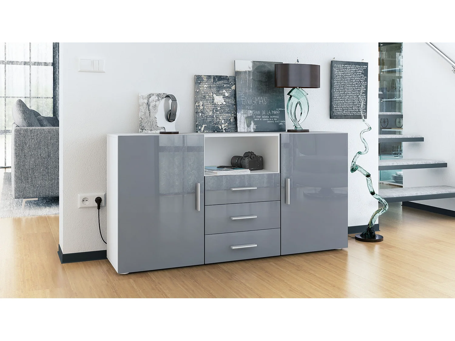 SIDEBOARD Skadu Front in Grau Hochglanz