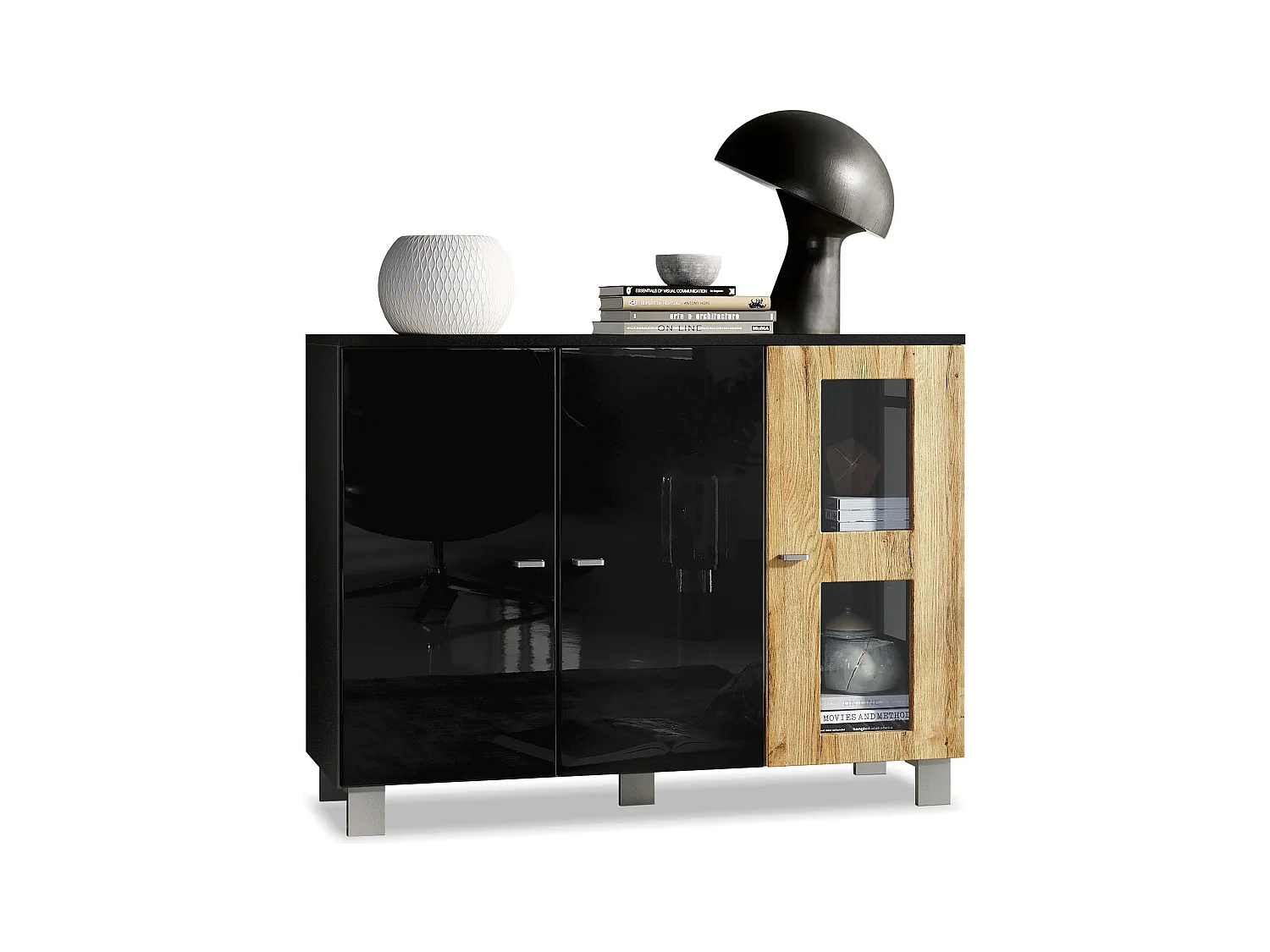 Buffet Denjo, Commode avec 3 portes, Noir mat/Noir haute brillance/Chêne Nature (107 x 81 x 35 cm)