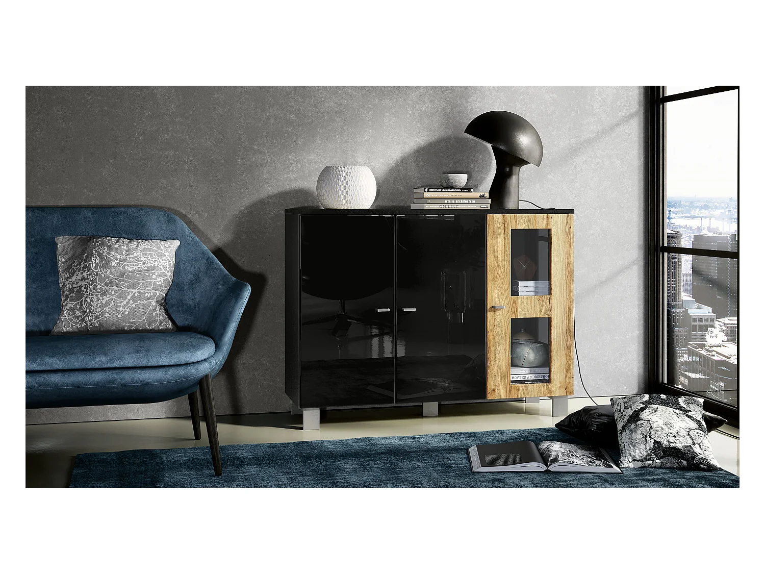 Buffet Denjo, Commode avec 3 portes, Noir mat/Noir haute brillance/Chêne Nature (107 x 81 x 35 cm)