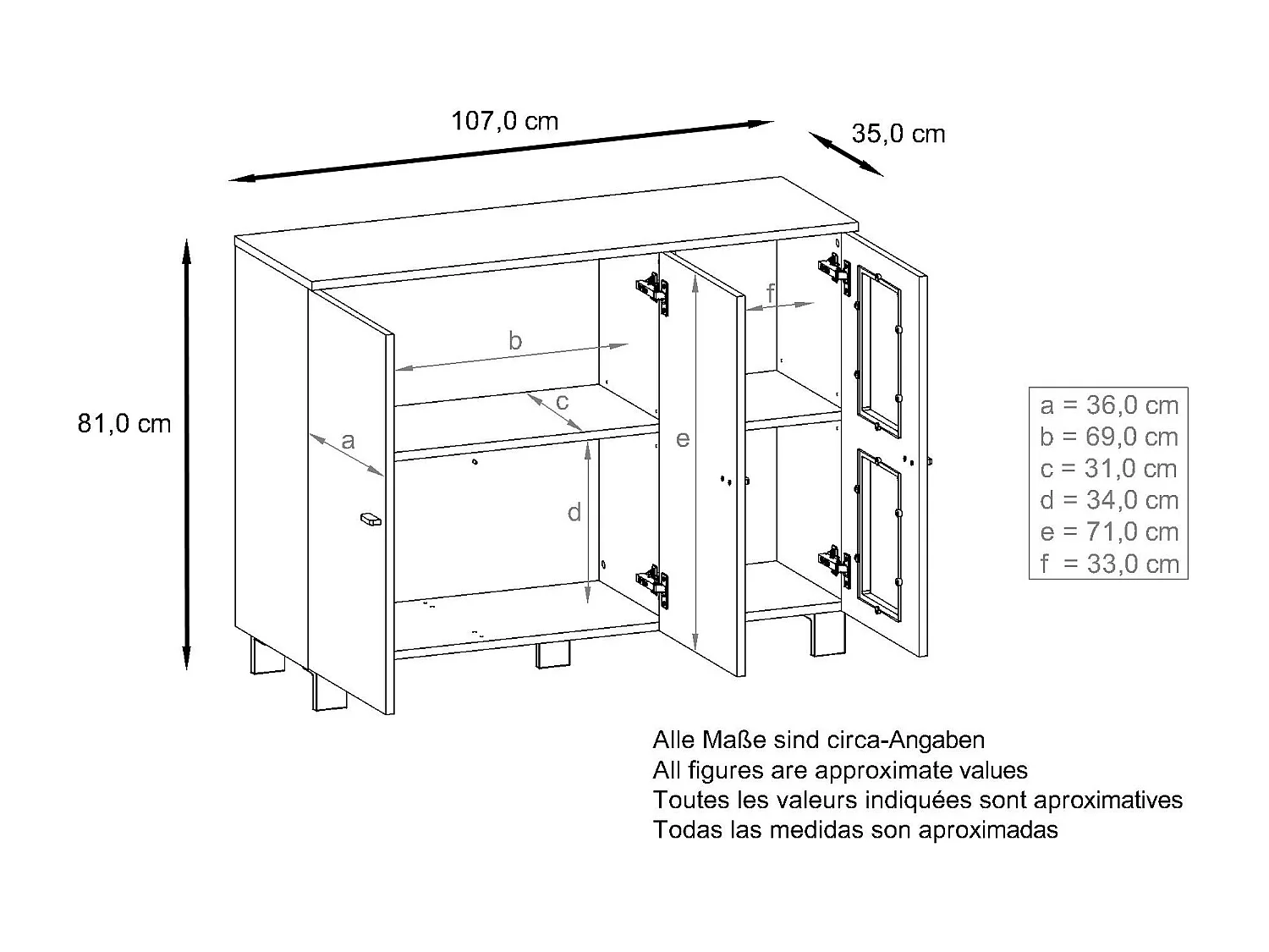 Credenza  Denjo, mobile a 3 ante, nero opaco/nero lucido/quercia naturale (107 x 81 x 35 cm)
