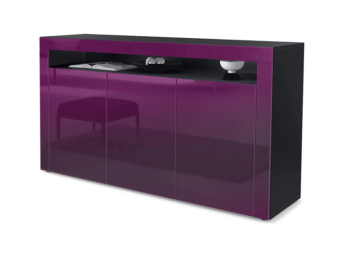 Buffet Valencia, Commode avec 3 portes et 1 compartiment ouvert, Noir mat/mûre haute brillance/mûre haute brillance (155 x 92 x 40 cm)