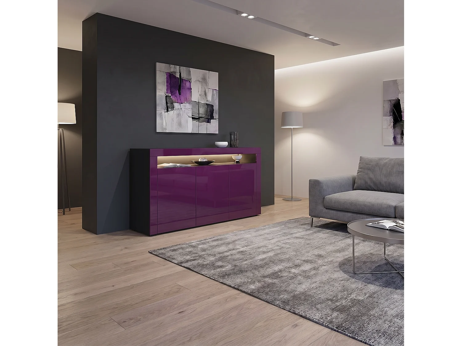 Madia  Valencia, mobile a 3 ante e 1 scomparto aperto, nero opaco/violetto porpora lucido/violetto porpora lucido (155 x 92 x 40 cm)