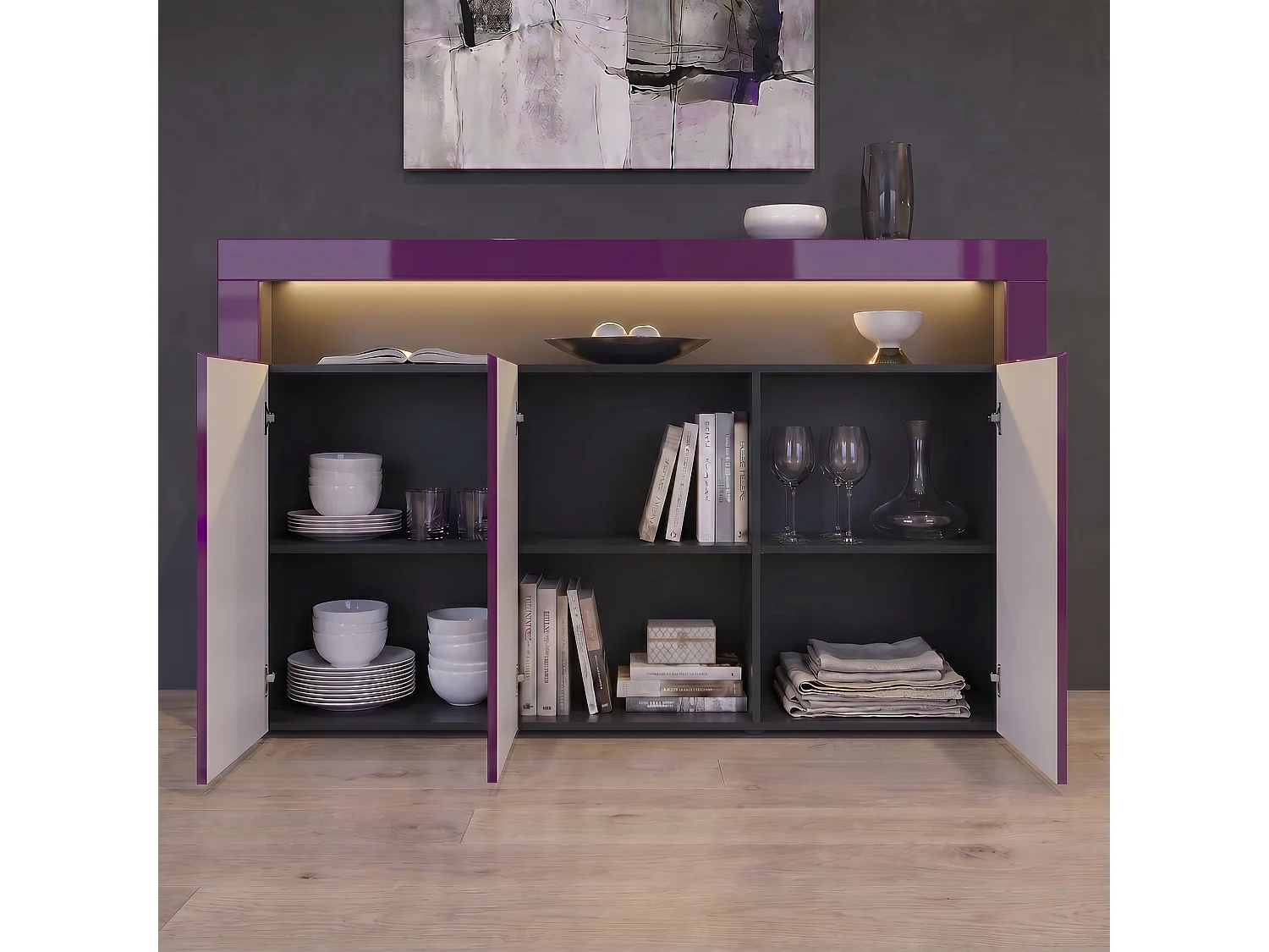 Madia  Valencia, mobile a 3 ante e 1 scomparto aperto, nero opaco/violetto porpora lucido/violetto porpora lucido (155 x 92 x 40 cm)