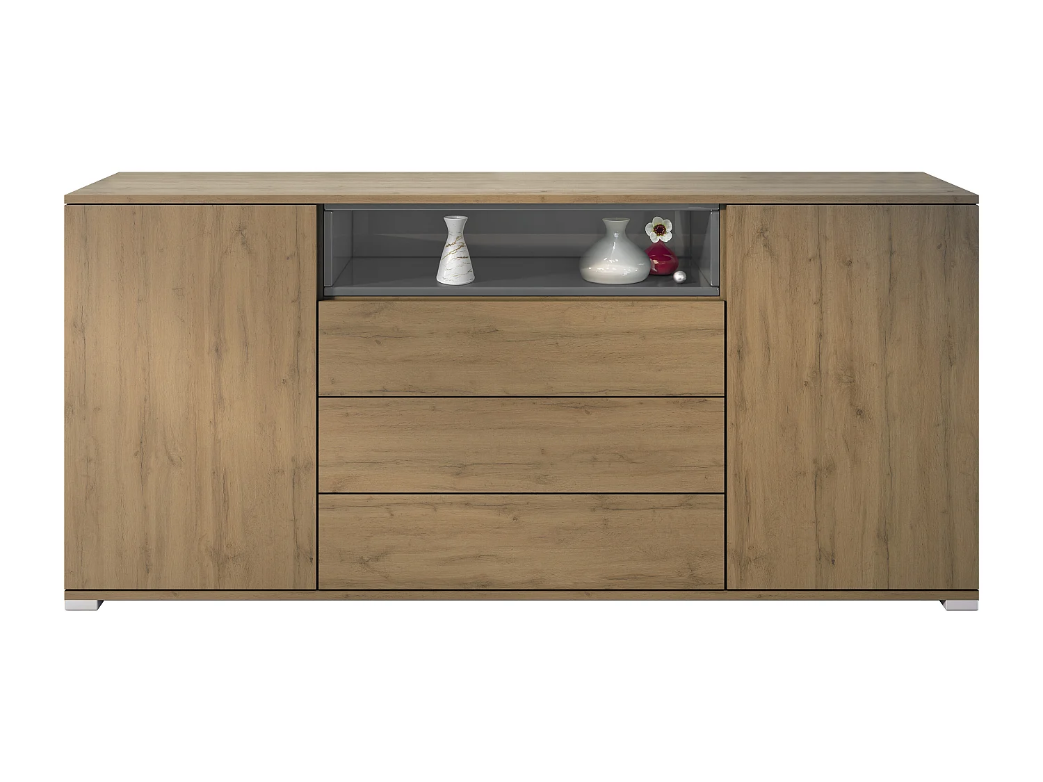 Skadu V4 Buffet, Commode avec 2 portes, 3 tiroirs et 1 compartiment ouvert, Chêne Evoke/gris haute brillance (166,5 x 75,5 x 35 cm)