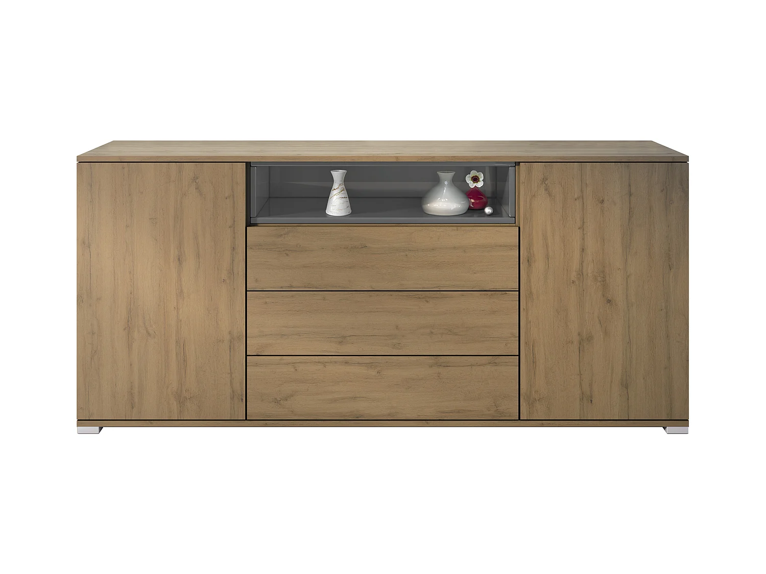 Skadu V4 Buffet, Commode avec 2 portes, 3 tiroirs et 1 compartiment ouvert, Chêne Evoke/gris haute brillance (166,5 x 75,5 x 35 cm)