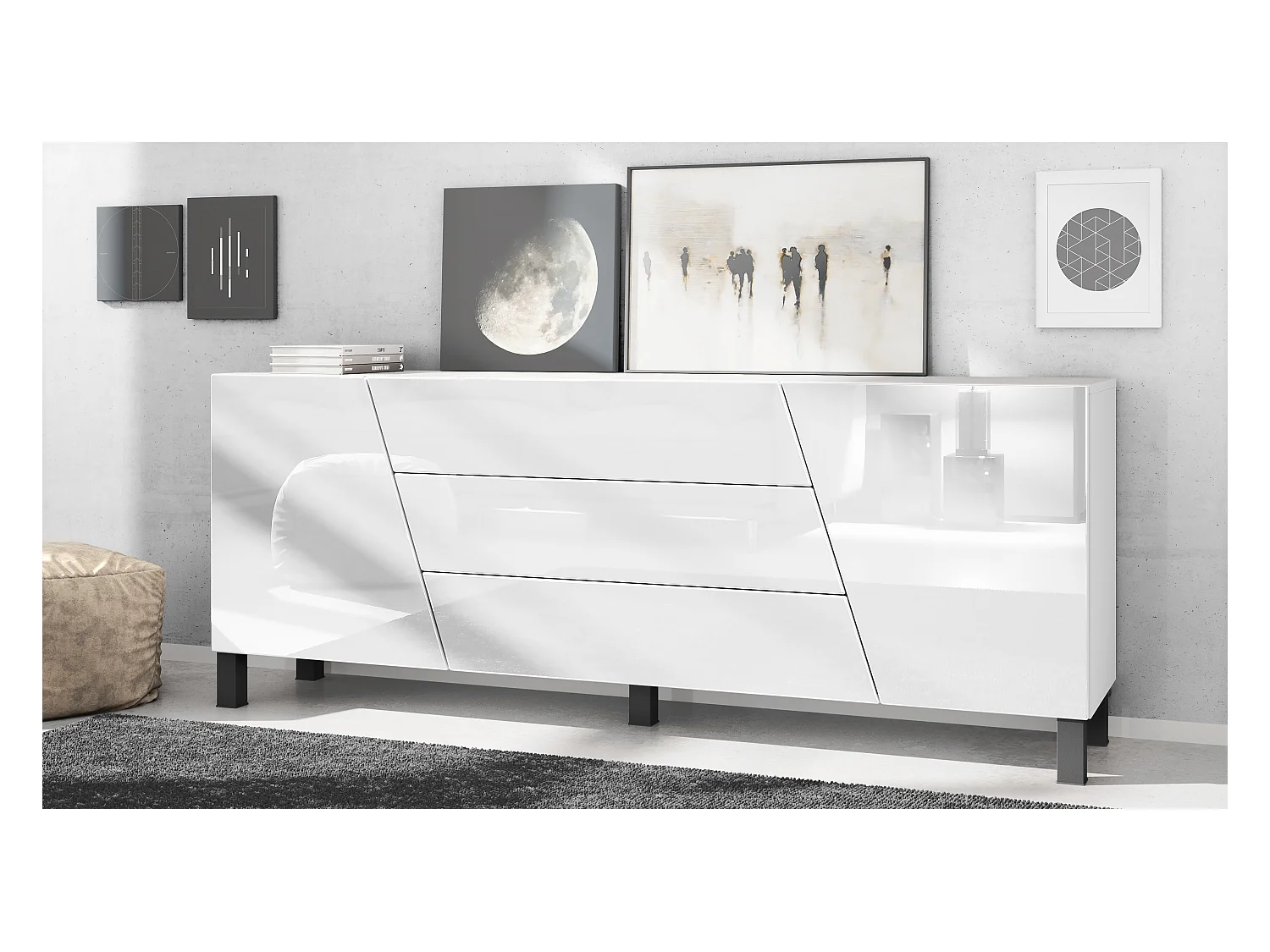 Aparador  Houston, cómoda con 2 puertas y 3 cajones, carcasa blanca mate, frentes blancos de alto brillo (178 x 69,5 x 38,5 cm)