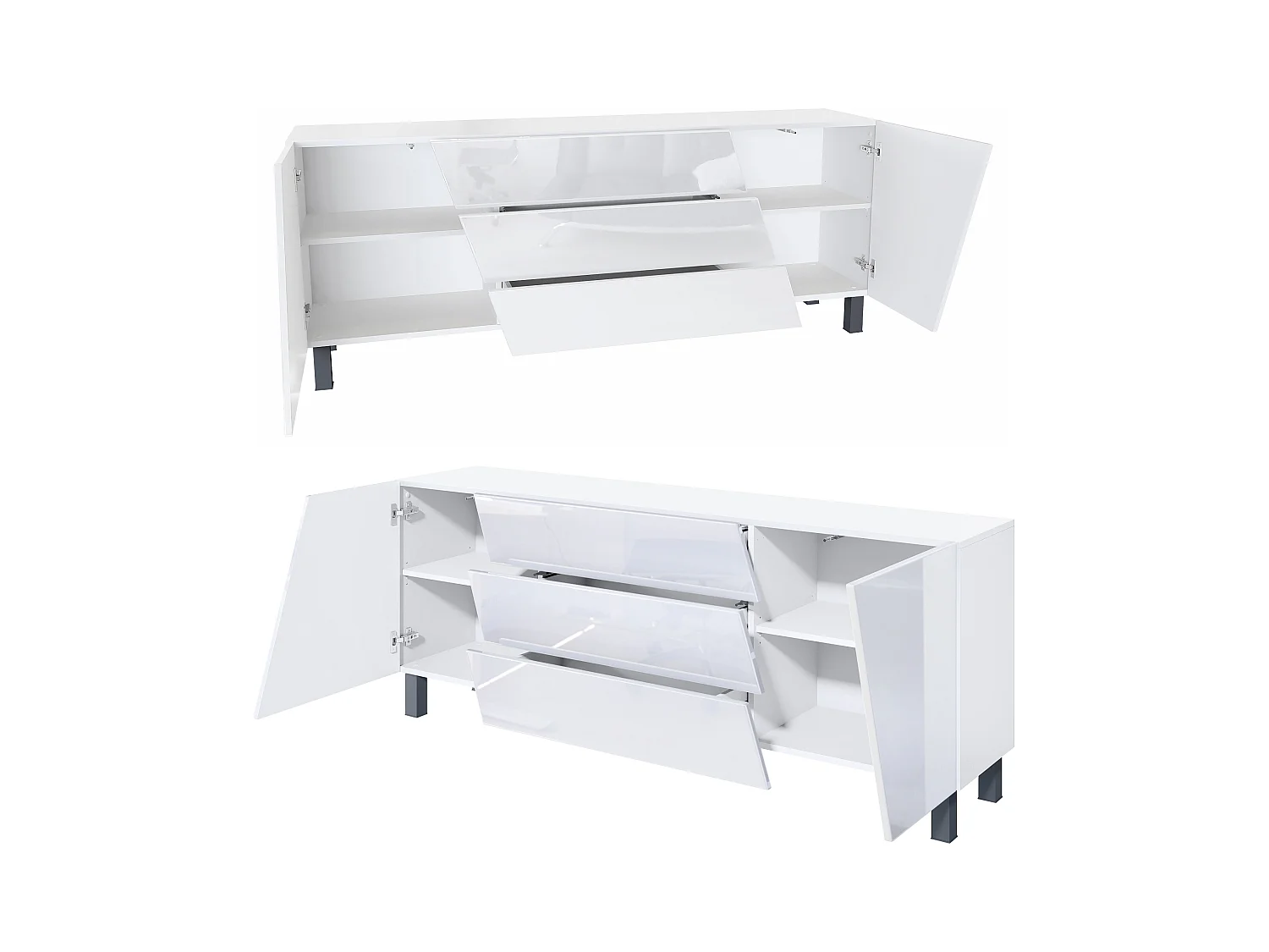 Aparador  Houston, cómoda con 2 puertas y 3 cajones, carcasa blanca mate, frentes blancos de alto brillo (178 x 69,5 x 38,5 cm)