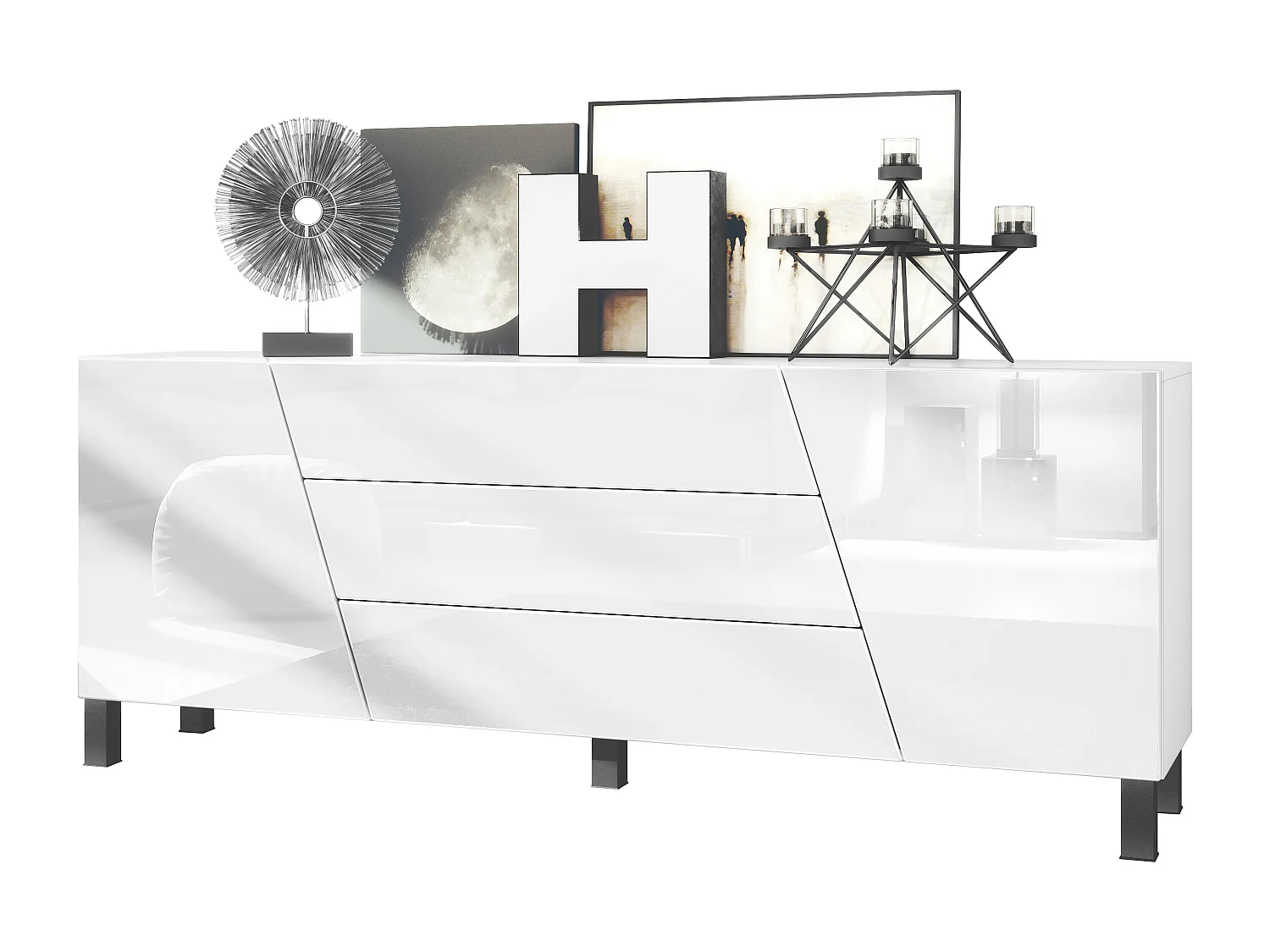 Aparador  Houston, cómoda con 2 puertas y 3 cajones, carcasa blanca mate, frentes blancos de alto brillo (178 x 69,5 x 38,5 cm)