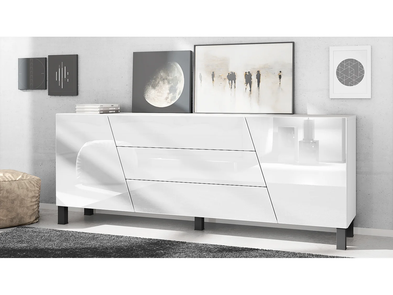 Aparador  Houston, cómoda con 2 puertas y 3 cajones, carcasa blanca mate, frentes blancos de alto brillo (178 x 69,5 x 38,5 cm)